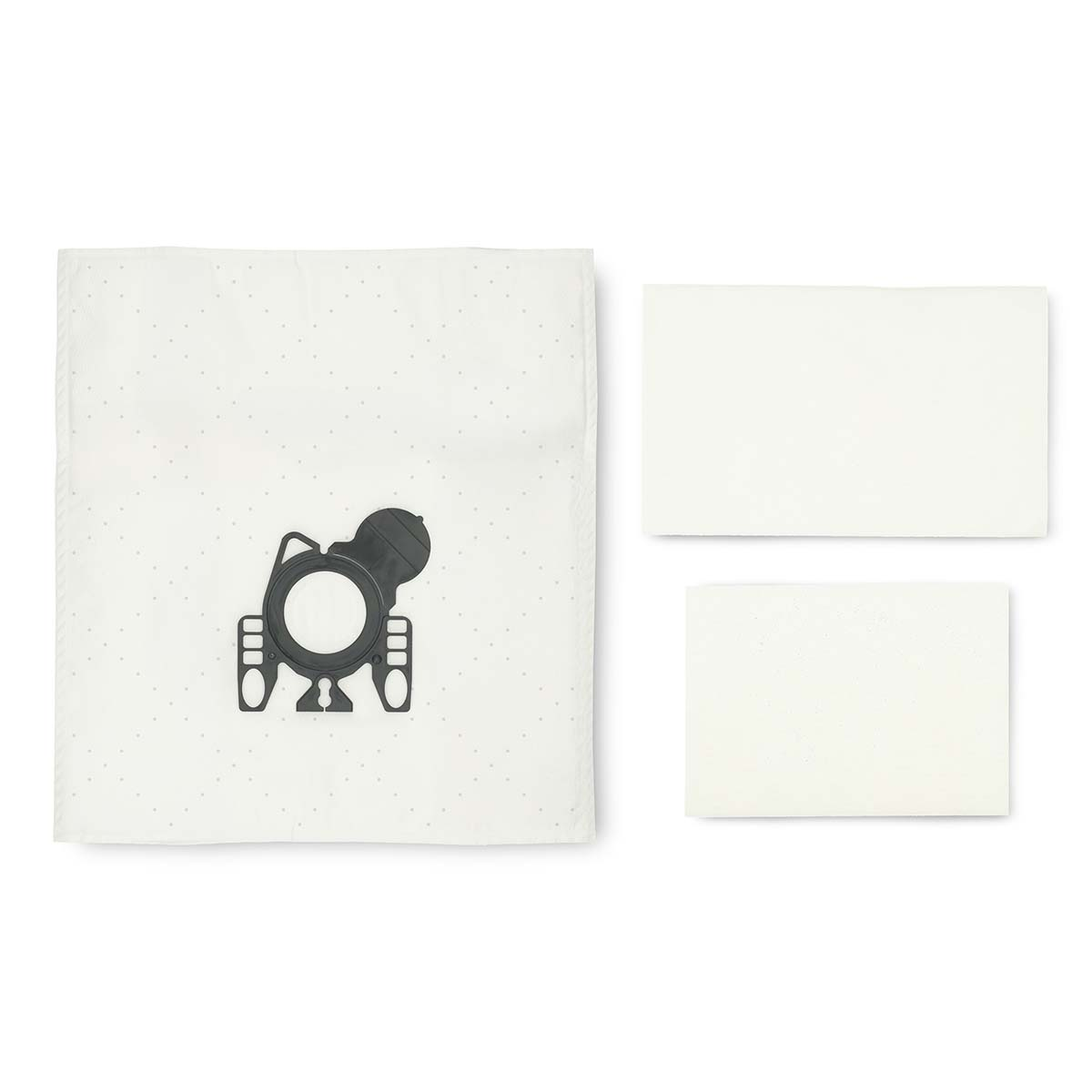 A white vacuum cleaner bag with a black nozzle and two white rectangular filters on a white background.