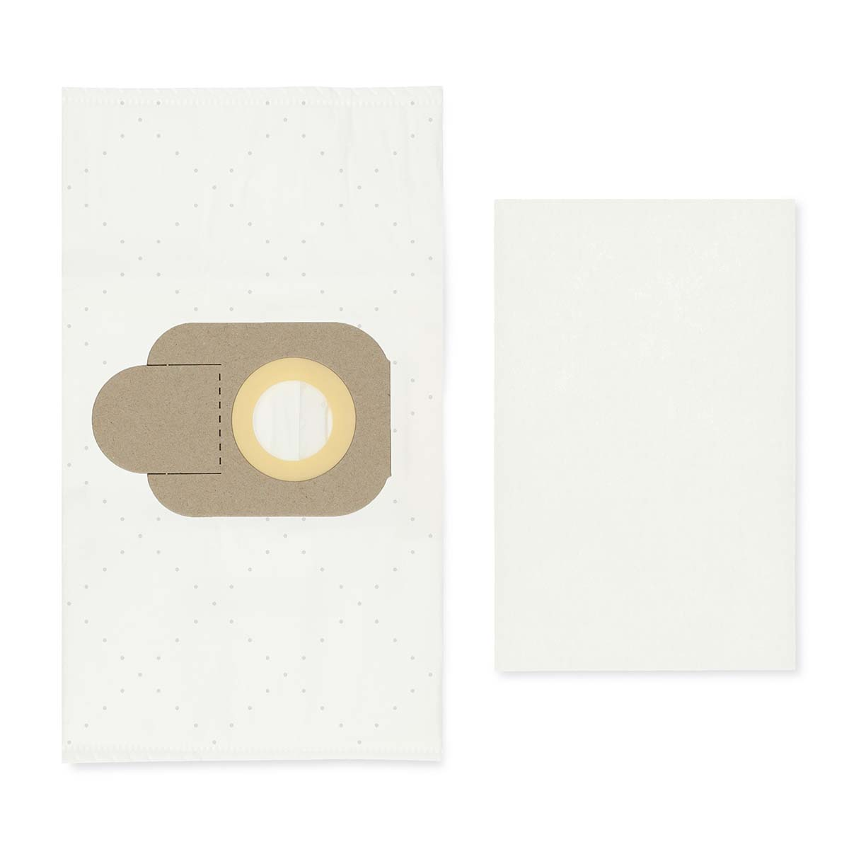 White vacuum bag with a brown cardboard connector and a separate white rectangular filter. The bag has small grey dots.