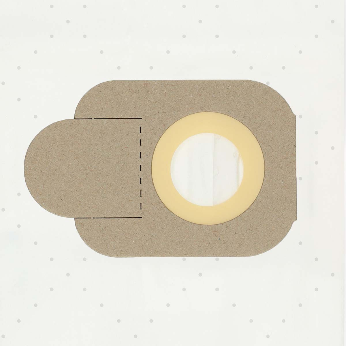 A tan vacuum bag with a yellow circular filter. It is set against a white background with small gray dots scattered around.