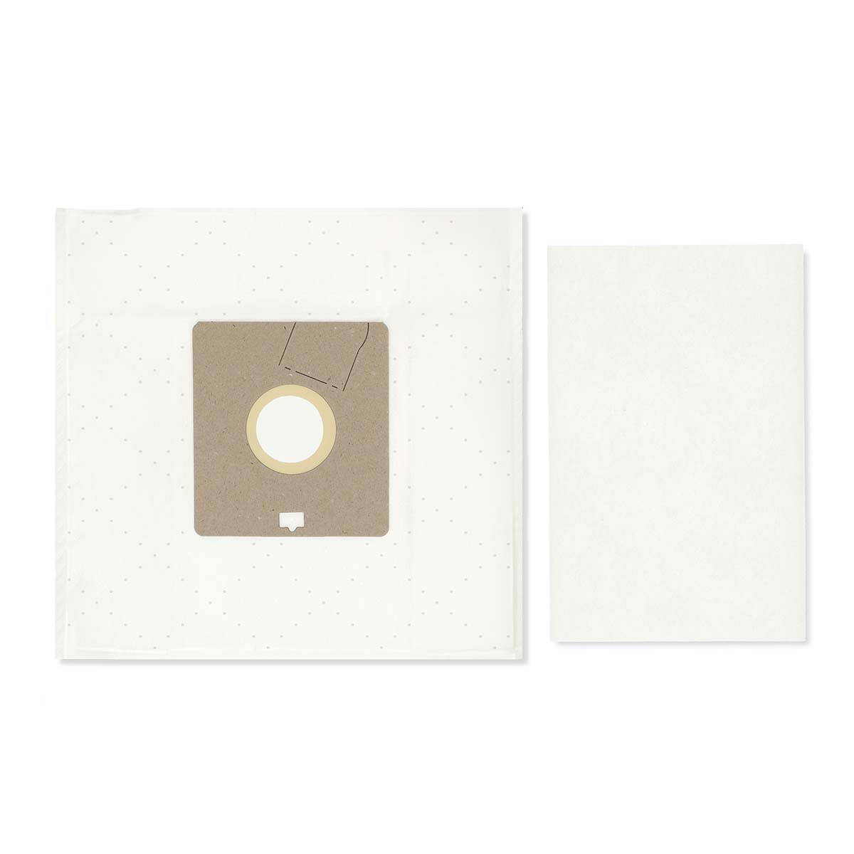A vacuum cleaner bag and a filter. The bag is white with a brown central square and a circle. The filter is white.