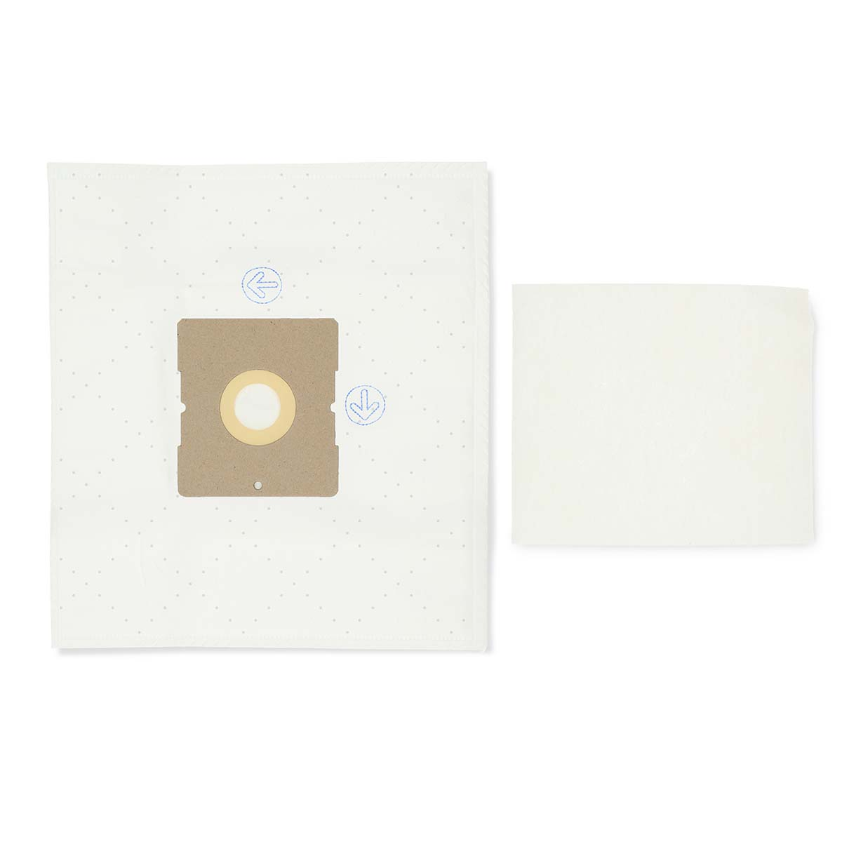 Un sacco per aspirapolvere bianco con una sezione in cartone marrone. Un filtro bianco separato è a destra. Le frecce indicano la direzione.
