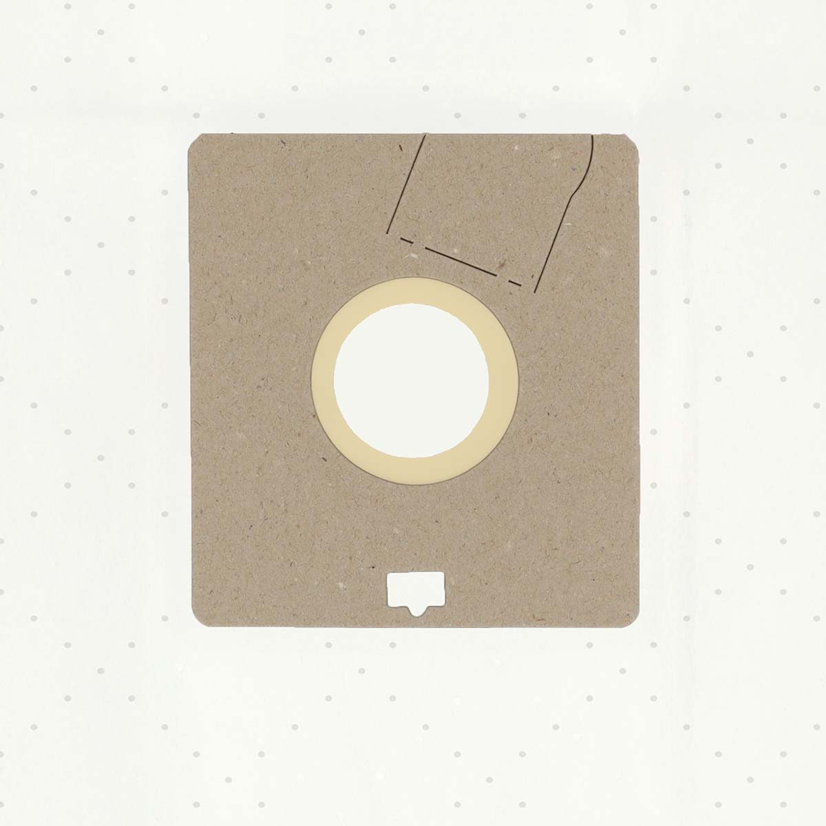 A brown vacuum cleaner bag with a white circle in the center, surrounded by a light yellow ring. The bag has a small tab at the bottom.