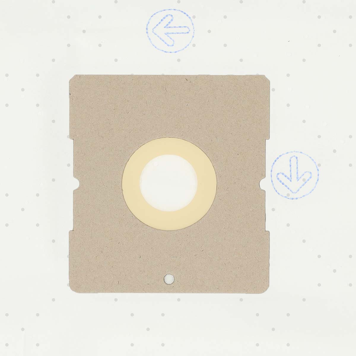 Un sacco per aspirapolvere beige, con un cerchio centrale giallo chiaro, un piccolo cerchio in basso e frecce su uno sfondo puntinato.