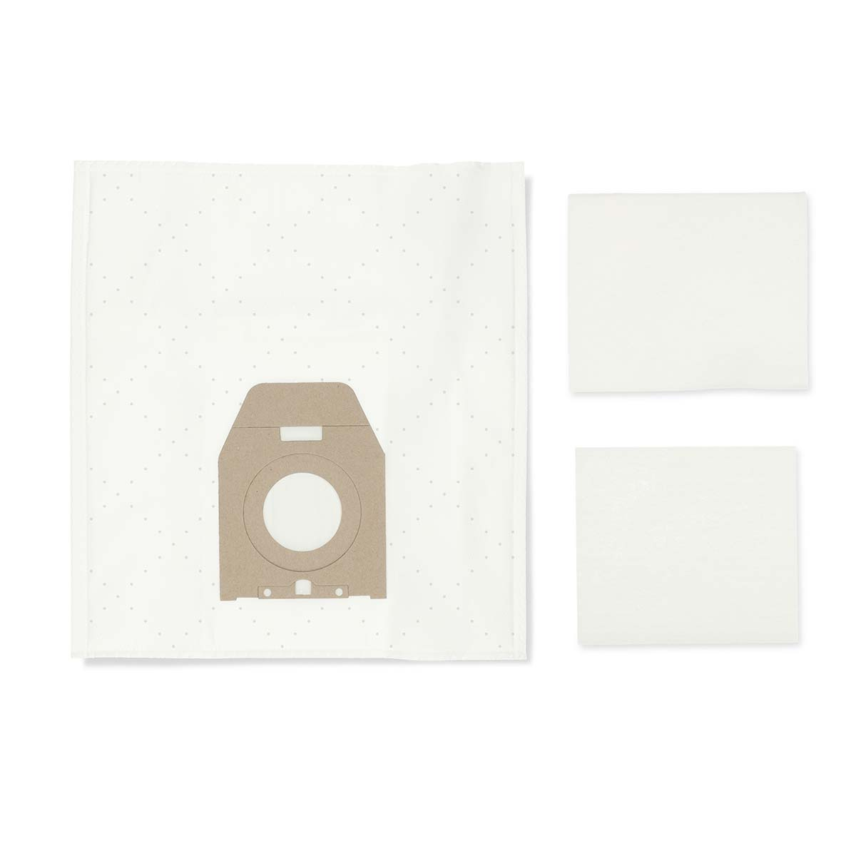 White vacuum cleaner bag with a cardboard opening and two white filters on a white background.