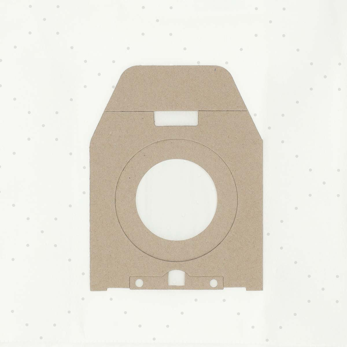 A brown cardboard vacuum cleaner bag with a large central hole and a smaller rectangular opening. Dots are in the background.