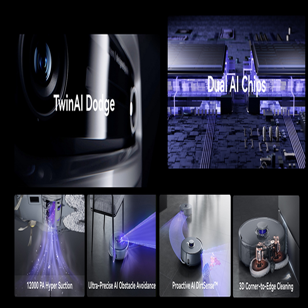 Das Bild zeigt Funktionen eines Roboter-Staubsaugers: TwinAI Dodge, Dual AI Chips, 12000 PA Saugkraft, Hindernisvermeidung, DirtSense und 3D-Reinigung.