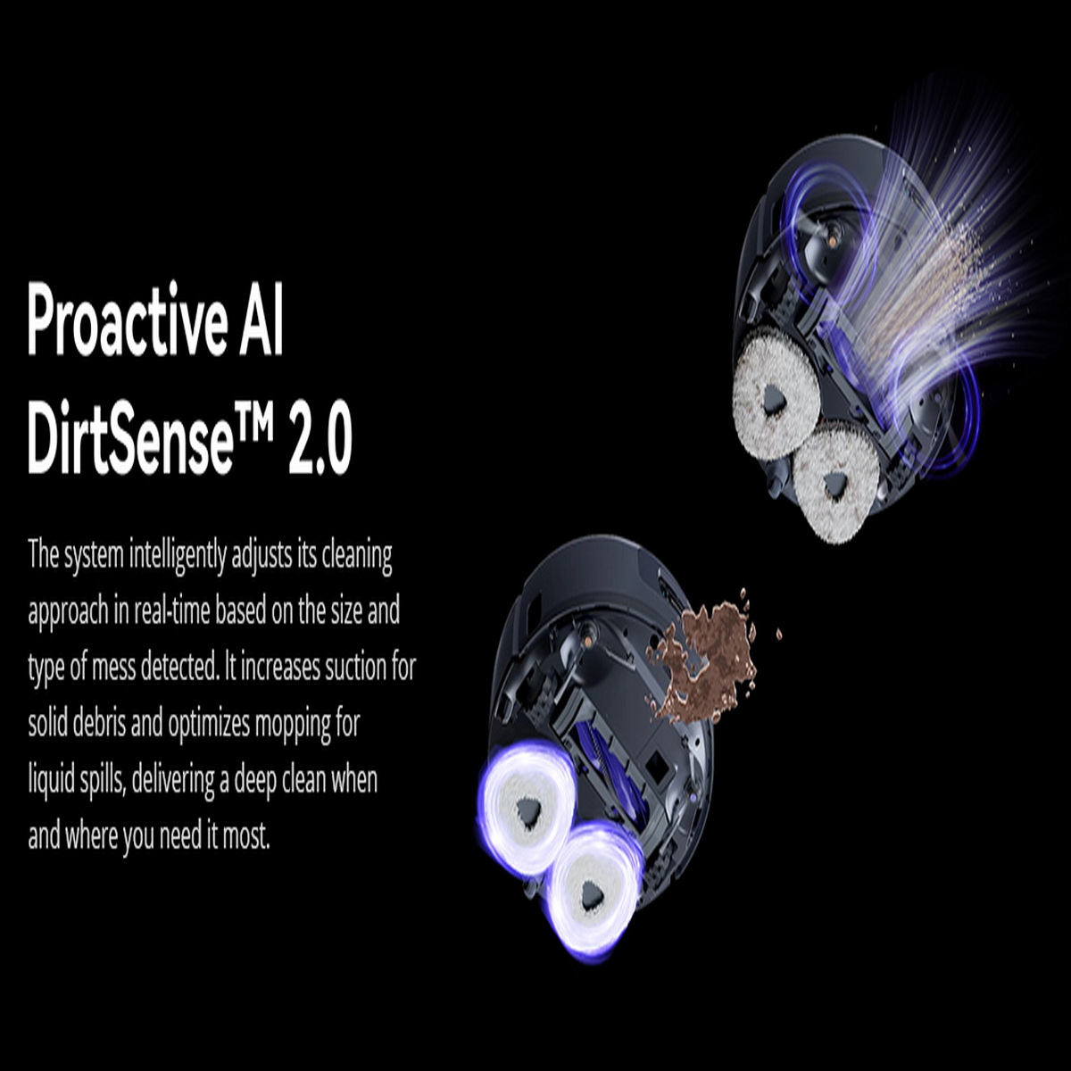 Das Bild zeigt einen Roboter-Staubsauger mit DirtSense 2.0. Das Gerät reinigt mit Saug- und Wischfunktion. Der Text beschreibt die Funktionen.