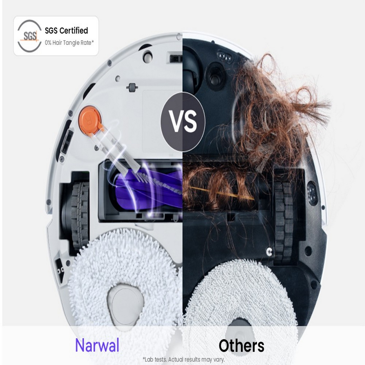 Confronto aspirapolvere robot. Sinistra: Narwal, pulito. Destra: Altri, con capelli aggrovigliati. 'VS' al centro.