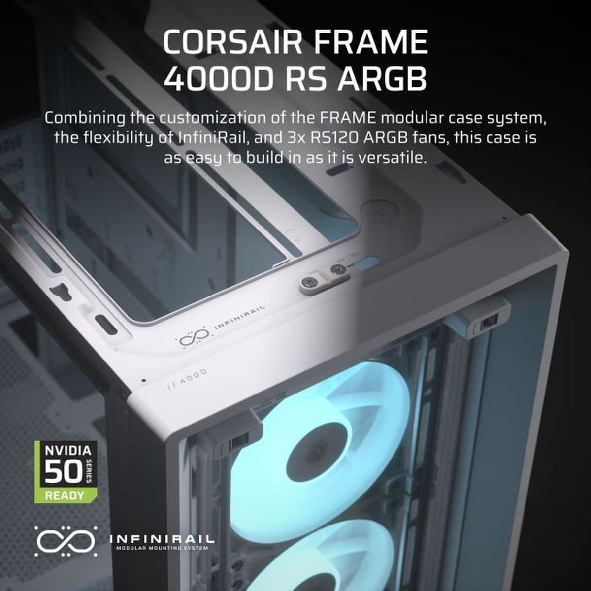 Biała obudowa PC z niebiesko podświetlanymi wentylatorami. Tekst: 'CORSAIR FRAME 4000D RS ARGB' i 'INFINIRAIL'. NVIDIA 50 series ready.