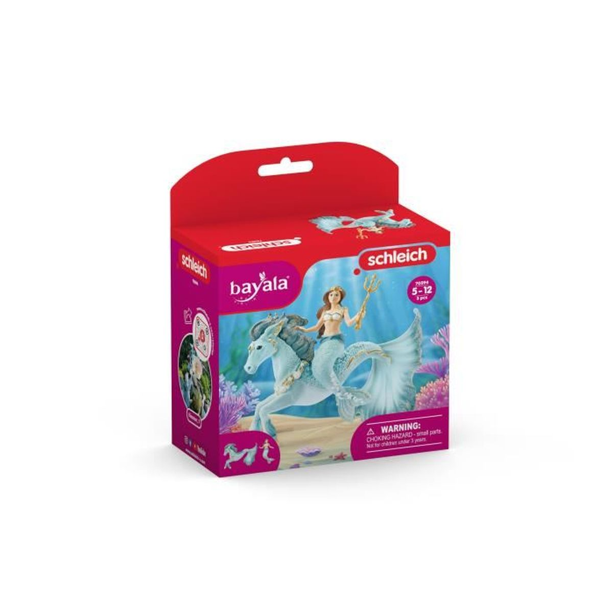 Eine Spielzeugkiste zeigt eine Meerjungfrau, die ein weißes Seepferdchen reitet. Die Box ist rot und lila, mit dem Markennamen 'schleich bayala'.