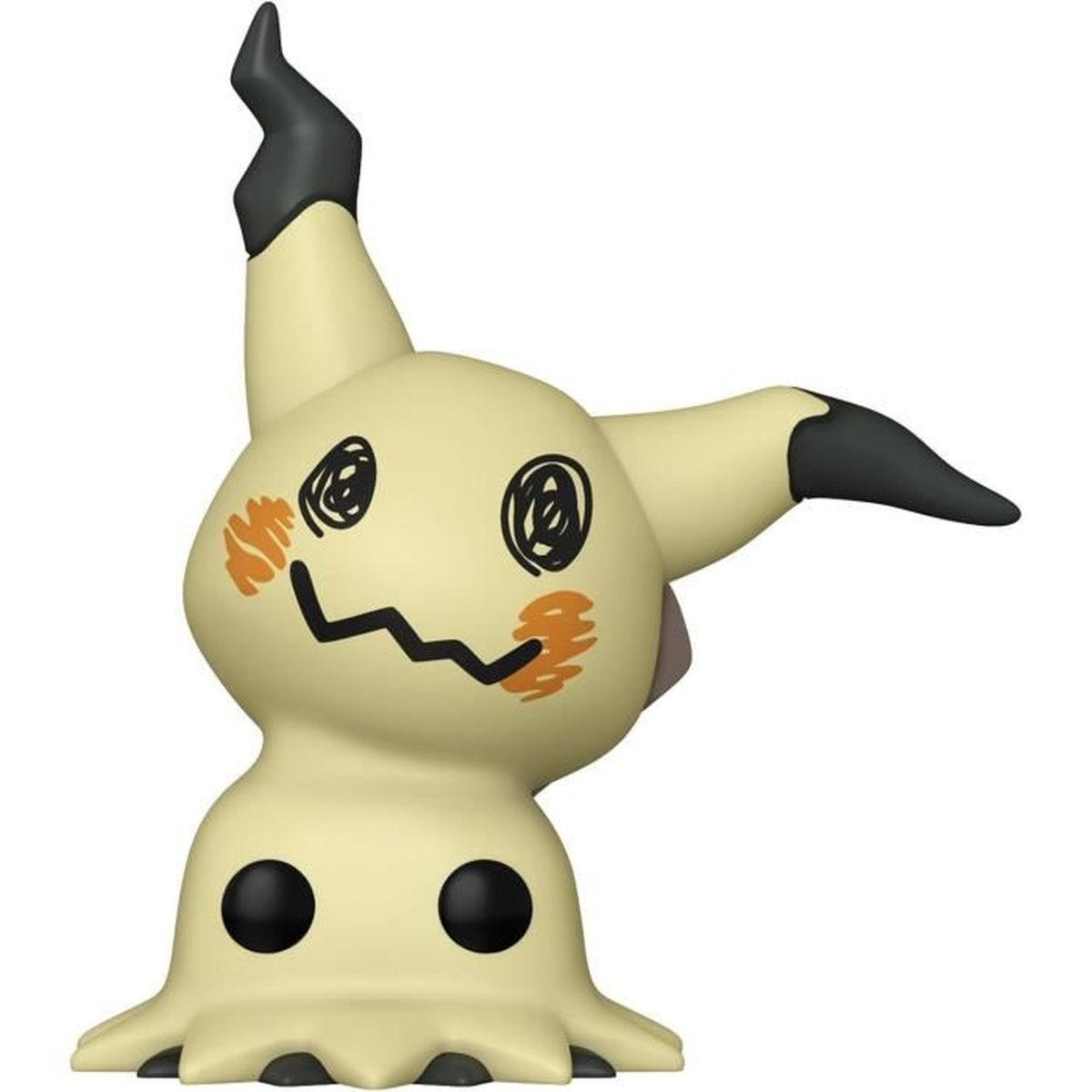 Eine Mimikyu-Figur. Sie hat einen cremefarbenen Körper, schwarze Augen und einen schwarzen Zickzack-Mund. Es hat ein schwarzes Ohr und eine schwarze Spitze.