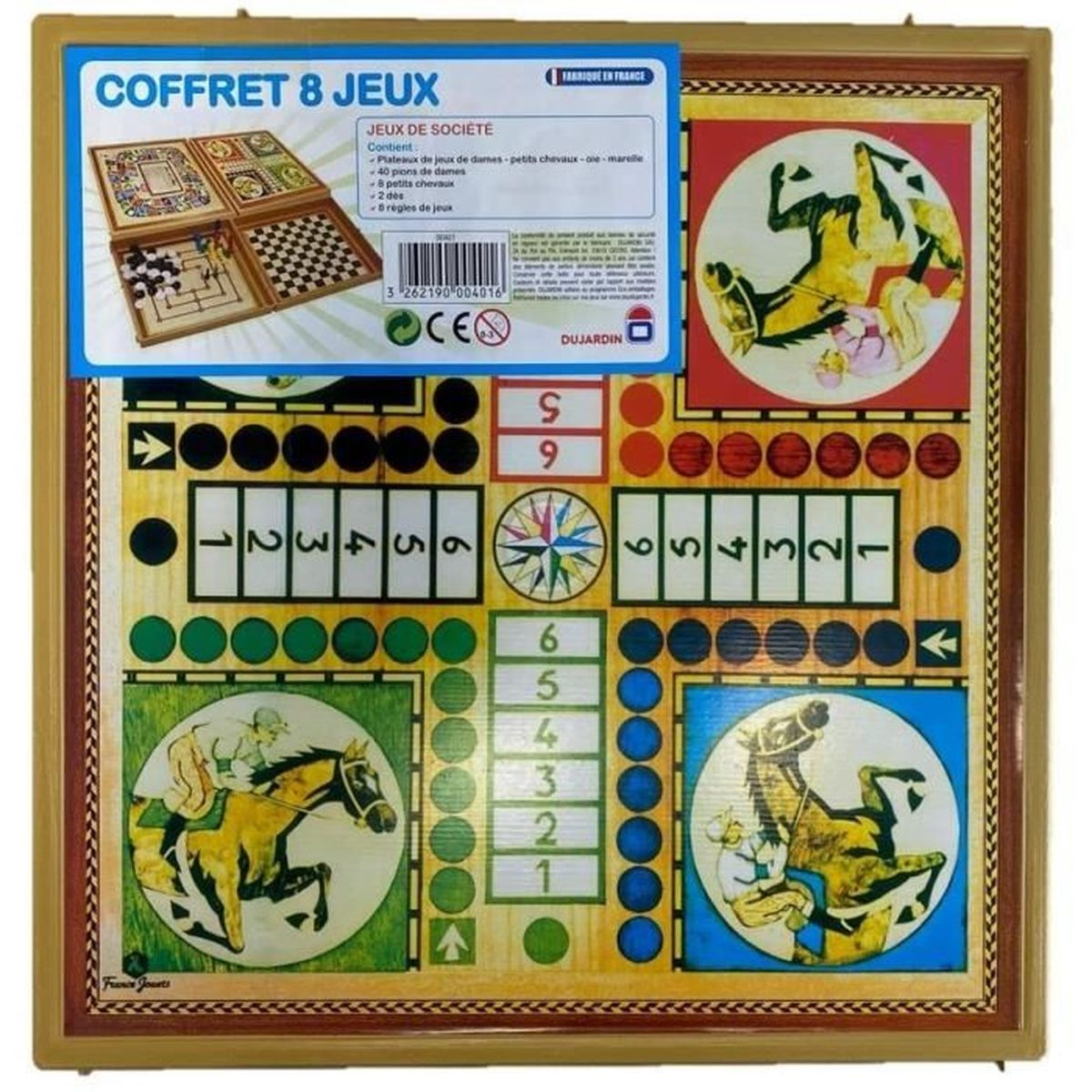Brettspiel mit mehreren Spielen. Enthält Dame, Pferderennen und mehr. Buntes Design mit Zahlen und Spielsteinen.