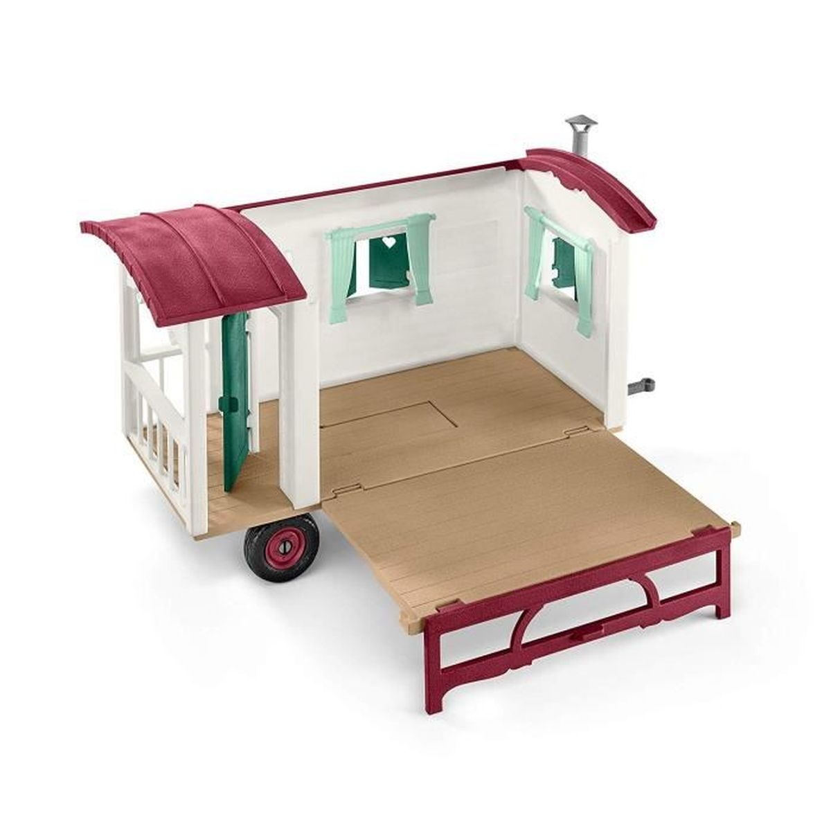 Ein Spielzeugwagen mit rotem Dach und Akzenten. Er hat eine Tür, Fenster und eine Rampe. Räder sind sichtbar, vor weißem Hintergrund.
