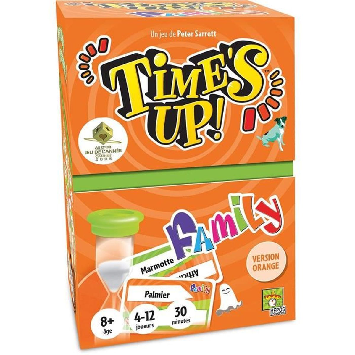Eine orangefarbene Schachtel mit der Aufschrift "Time's Up! Family". Sie enthält eine Sanduhr und andere spielbezogene Details.