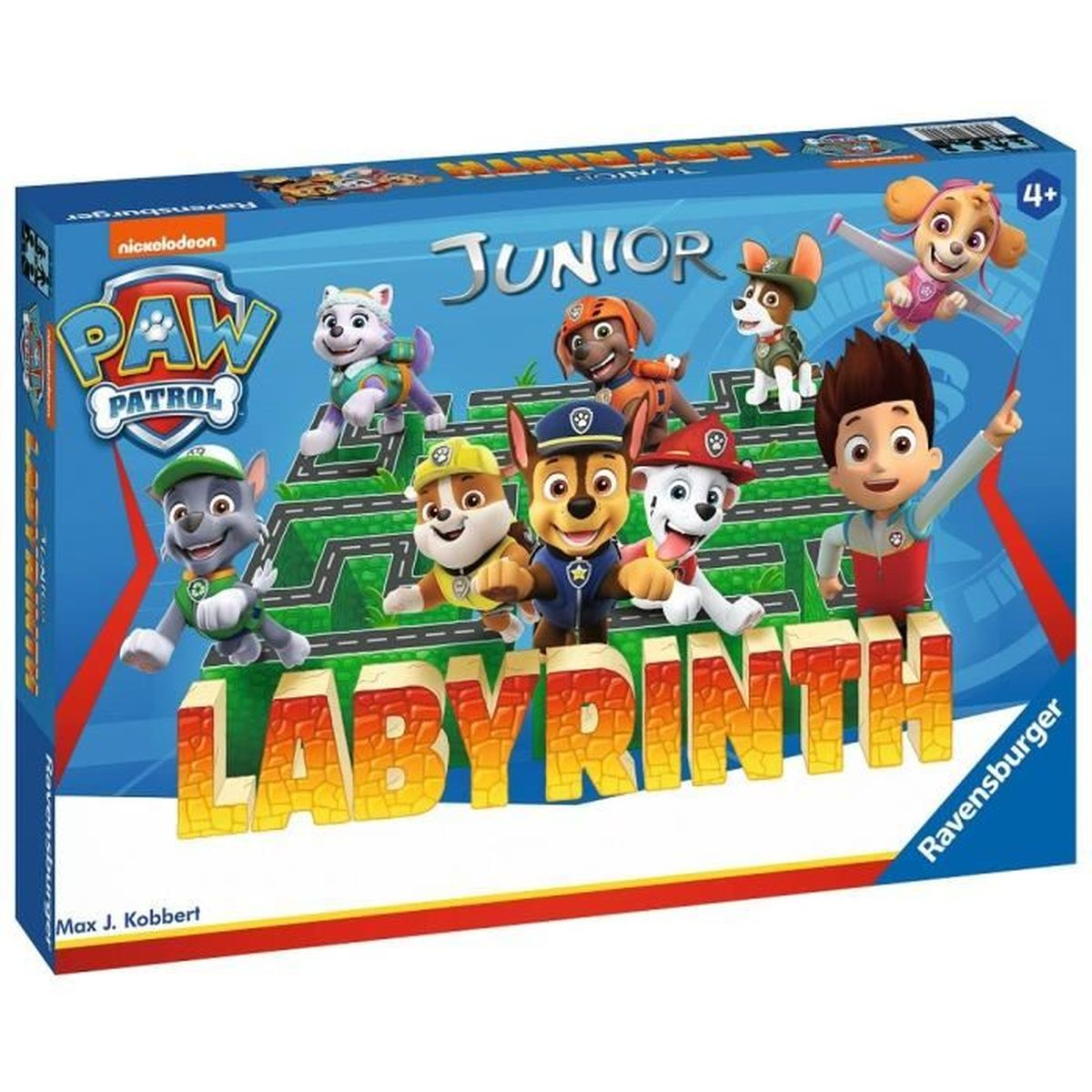 Pudełko gry Paw Patrol Junior Labyrinth. Postacie znajdują się na zielonym labiryncie drogowym. Zawiera Chase'a, Marshalla, Skye i Rydera.