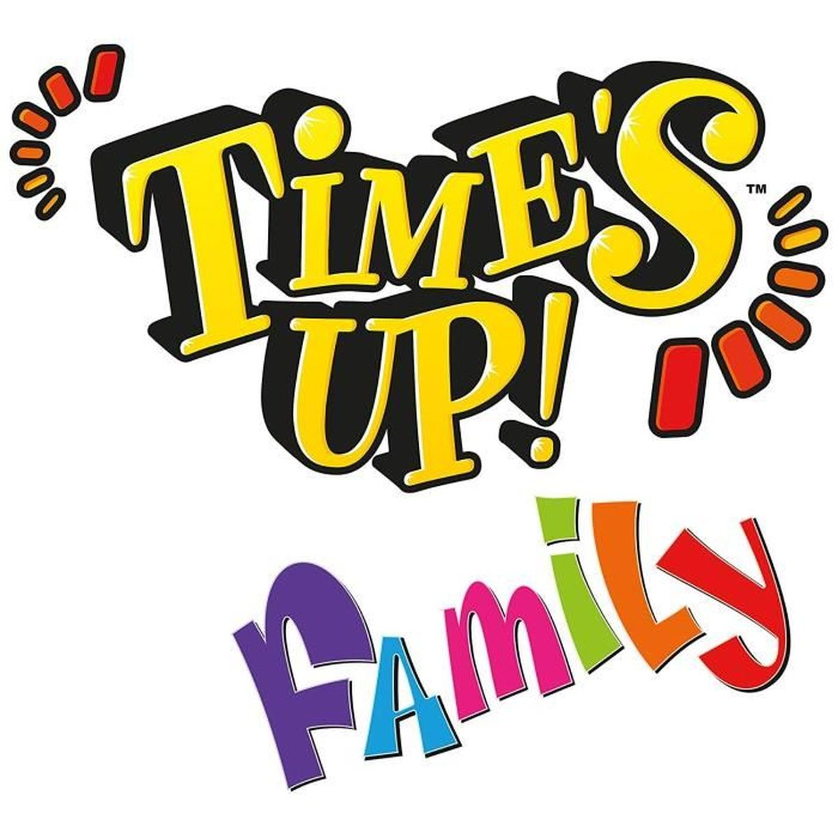 Das Bild zeigt das Logo von 'Time's Up! Family'. Es zeigt die Worte 'Time's Up!' und 'Family' in leuchtenden Farben auf weißem Hintergrund.