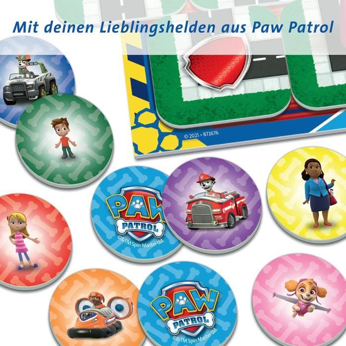 Kolorowa gra Paw Patrol z krążkami postaci, planszą w kształcie drogi i logo Paw Patrol.