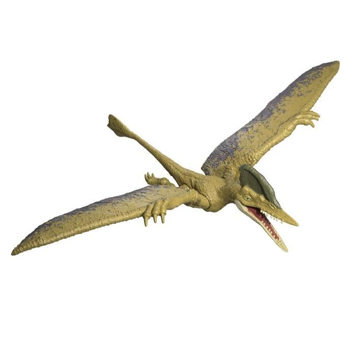 Een speelgoed pterodactylus in vlucht. Het is lichtbruin met donkere vleugelmarkeringen. De mond is open, met tanden, tegen een witte achtergrond.