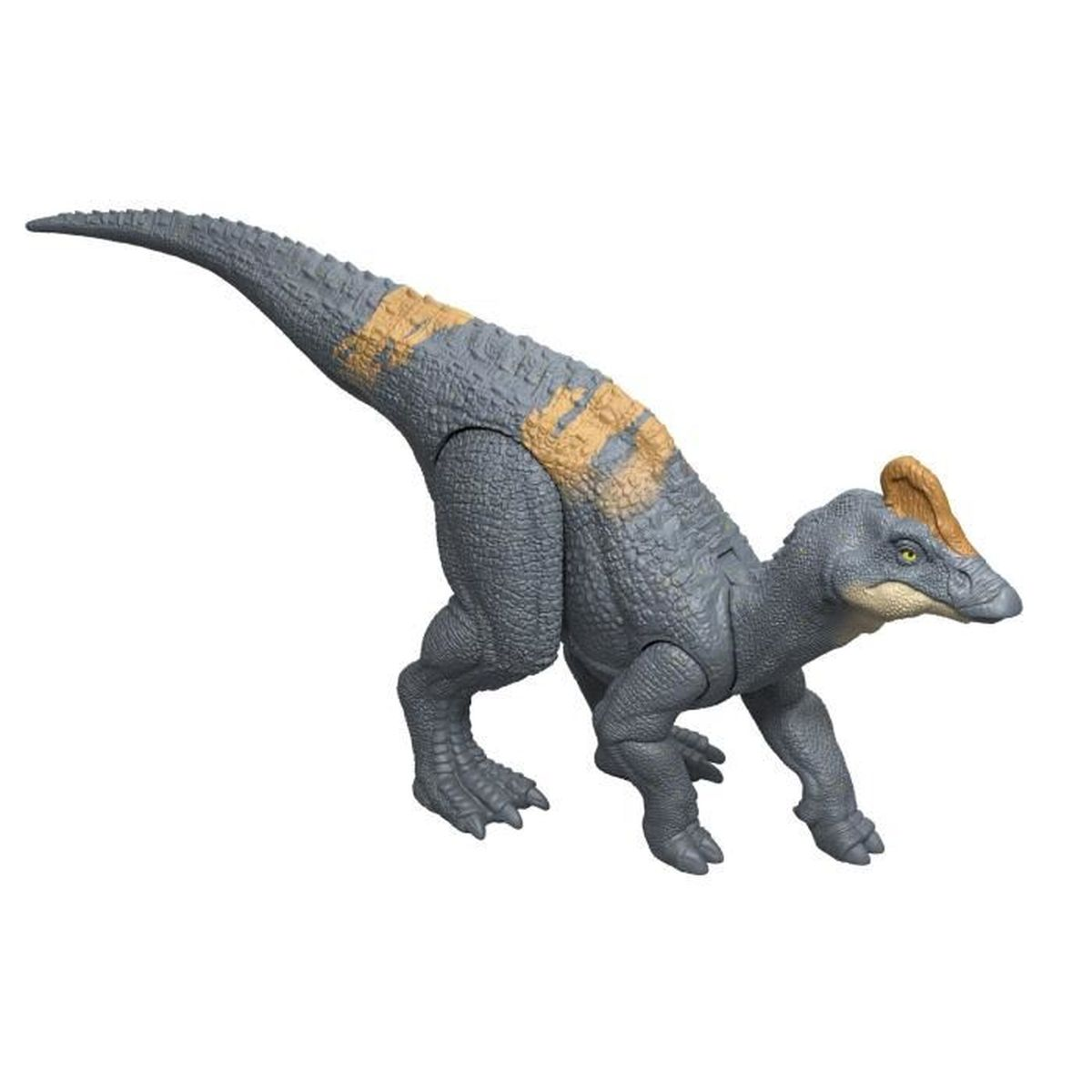 Een grijs dinosaurus speelgoed met een gele vlek op de rug en een kam. Het staat in een loop houding op een witte achtergrond.