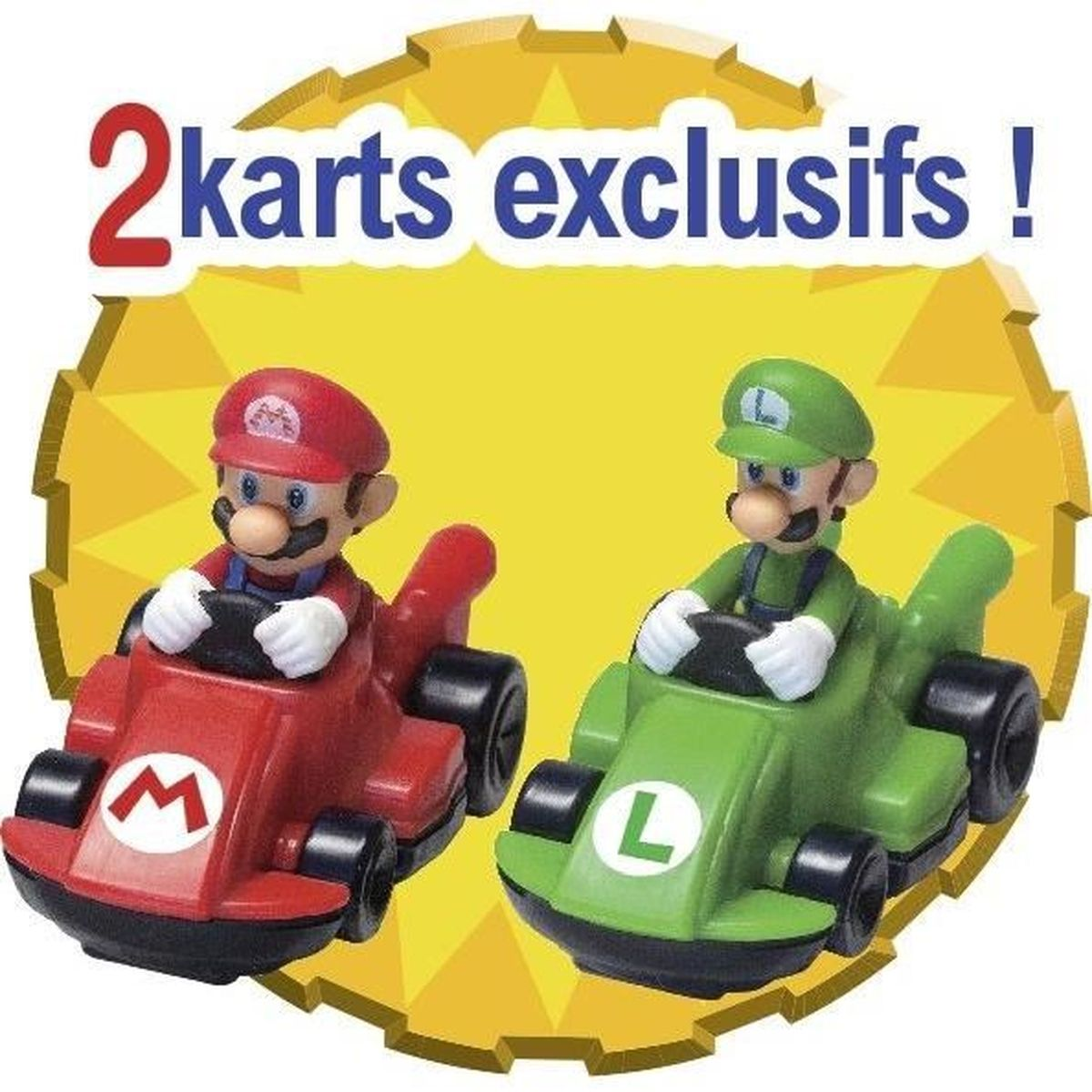 Dwa zabawki gokarty z figurkami Mario i Luigiego. Gokart Mario jest czerwony, Luigiego zielony. Tło to żółte koło.