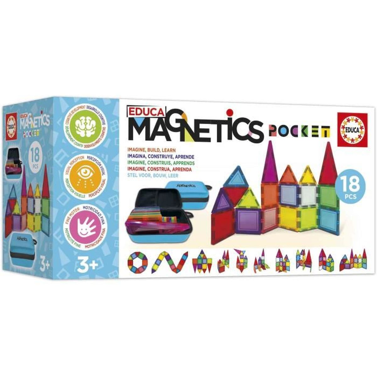 Schachtel mit Educa Magnetics Pocket mit bunten Magnetblöcken. Enthält 18 Teile, Alter 3+ und verschiedene Bau-Beispiele.