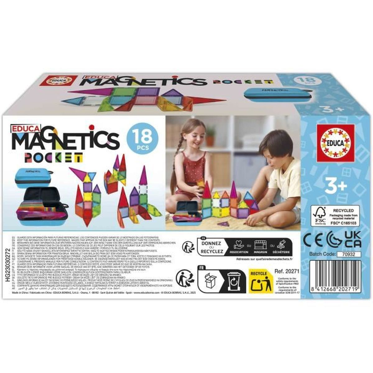 Schachtel des Educa Magnetics Pocket Spiels mit Kindern, die mit den Magnetteilen und den Spielteilen spielen.