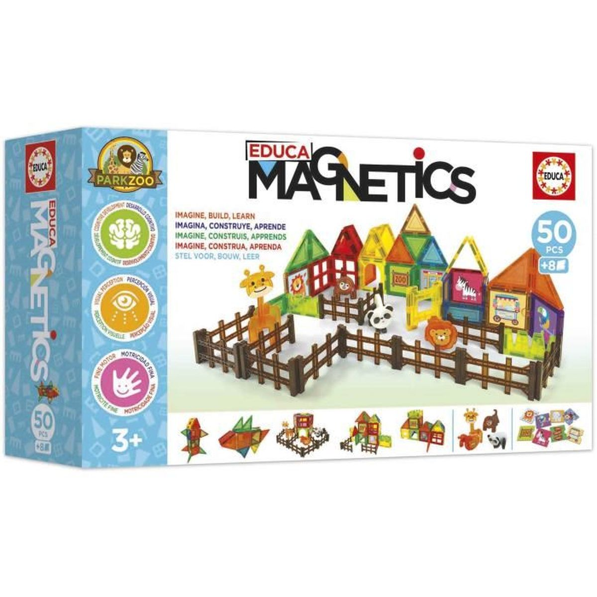 Scatola di Educa Magnetics. Contiene blocchi magnetici colorati e figure di animali, con una recinzione davanti. La scatola dice '3+' e '50 PCS'.