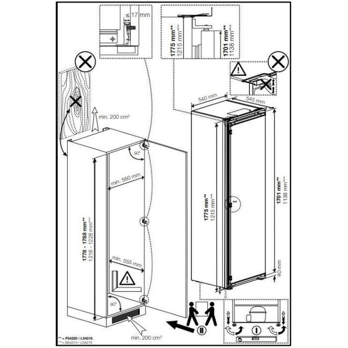 Diagramma di un frigorifero con misure e istruzioni di installazione. Include dimensioni, angoli e requisiti minimi di spazio.
