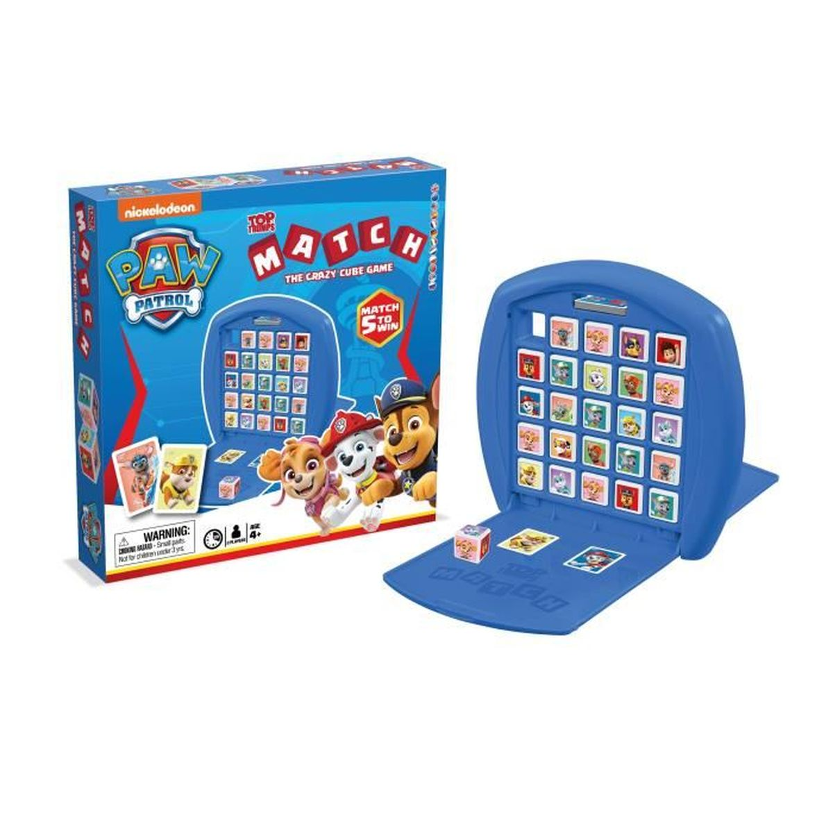 Eine Paw Patrol Match-Spielbox und ein Spielbrett sind abgebildet. Die Box zeigt Paw Patrol-Charaktere. Das Spielbrett ist offen mit Bildern.
