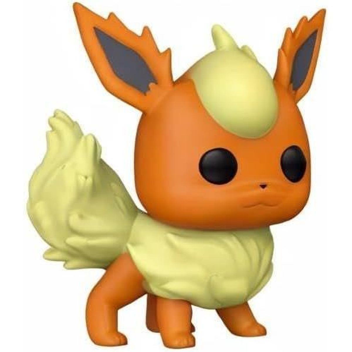 Una figura di Flareon con pelliccia arancione, criniera e coda gialle, occhi neri e un piccolo naso. È in piedi.