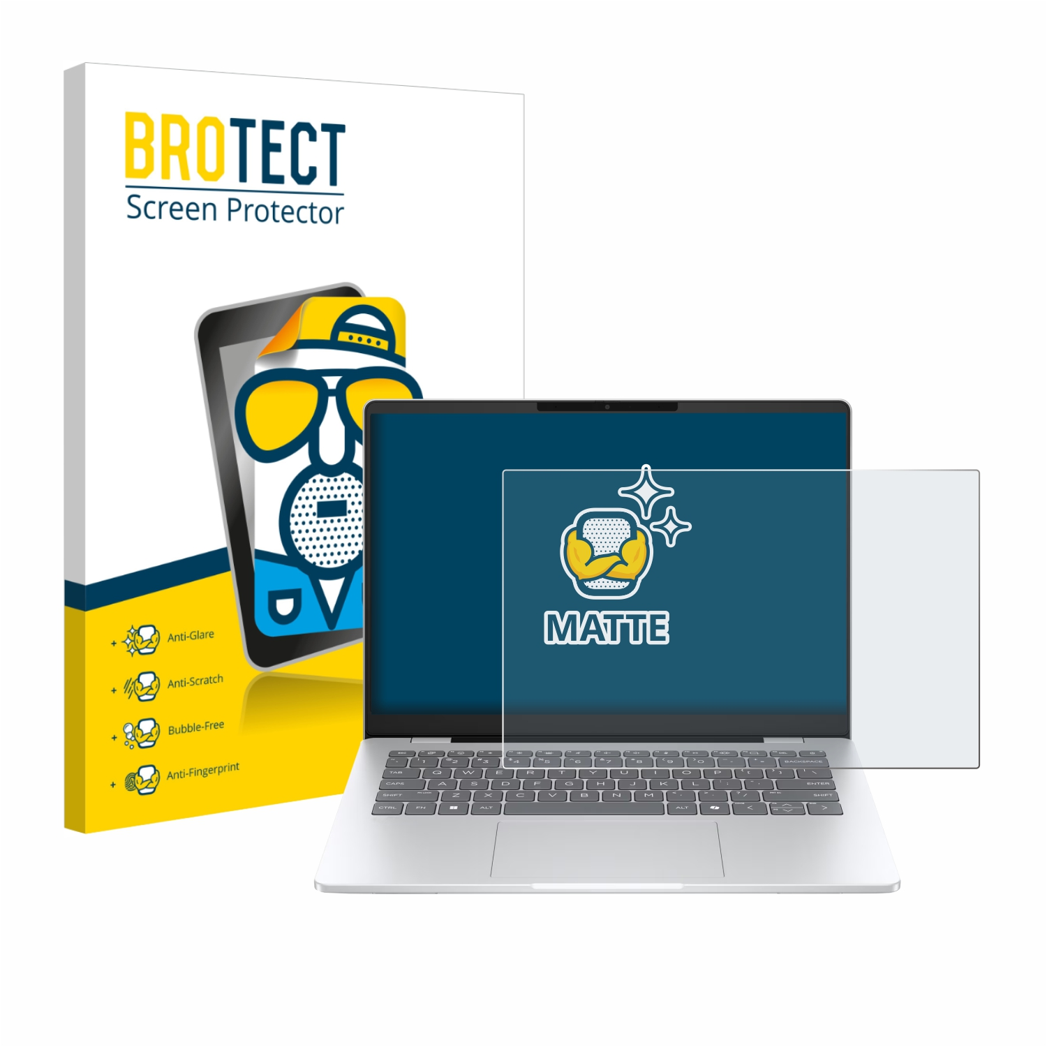 Laptop mit Displayschutzfolie, mattem Finish und Box mit Produktdetails: blendfrei, kratzfest, blasenfrei und fingerabdruckresistent.