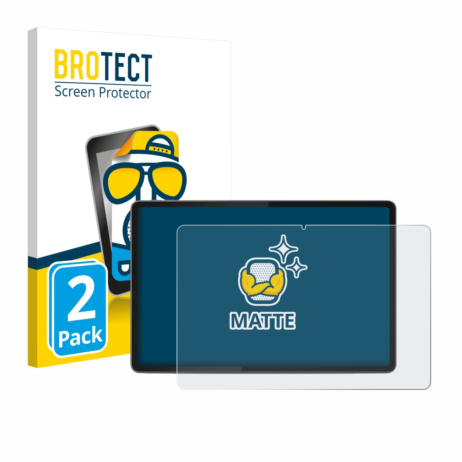 Ein Displayschutz-Set mit Tablet, einer Schachtel mit der Aufschrift 'BROTECT' und einem '2er-Pack'-Aufkleber. Der Schutz hat 'MATTE' drauf.