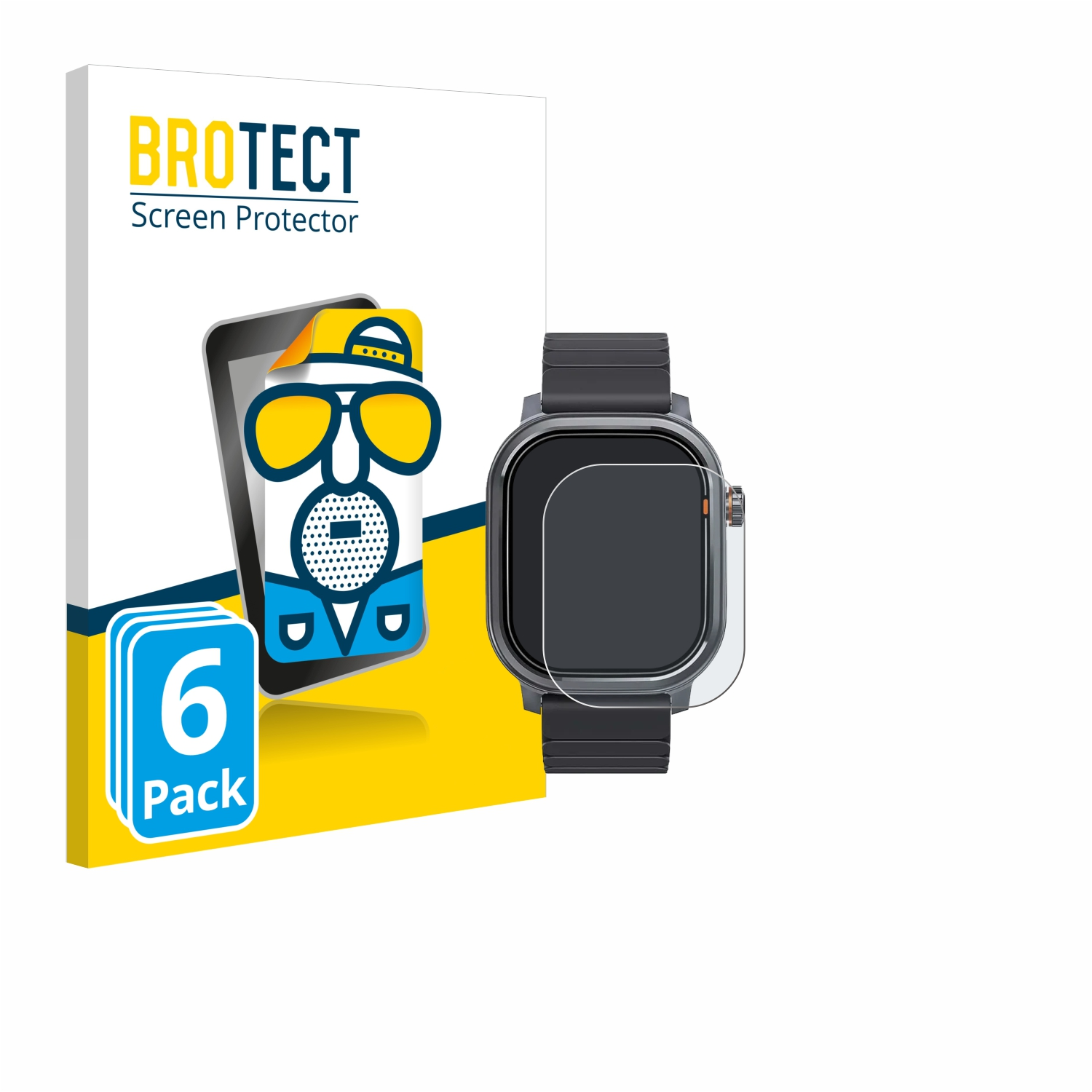 Eine Smartwatch mit Displayschutzfolie befindet sich neben einer Schachtel mit der Aufschrift Brotect Displayschutzfolie. Auf der Schachtel ist ein Mann abgebildet.