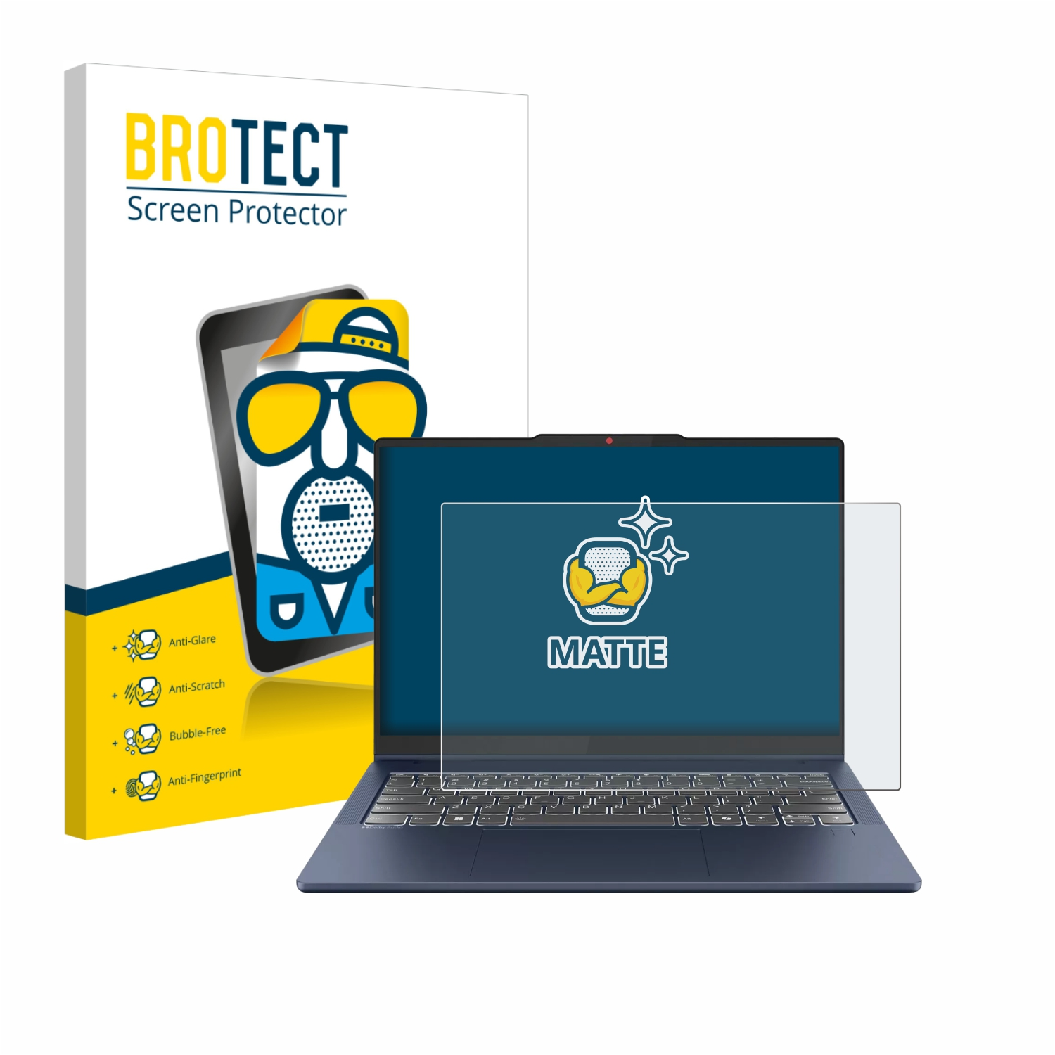 Laptop mit Displayschutzfolie und eine Schachtel mit Details zum Displayschutz.