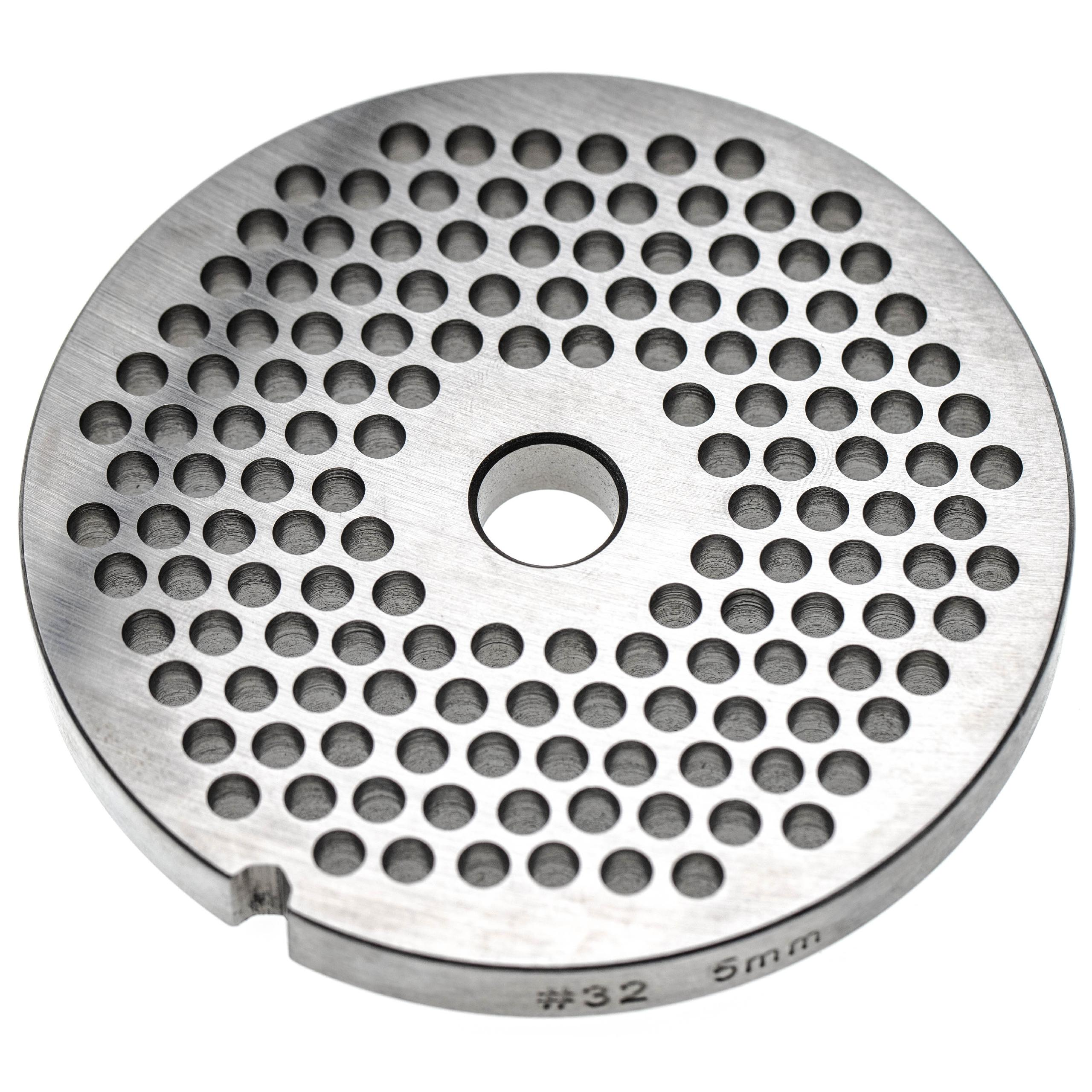 Eine kreisförmige Metallplatte mit vielen kleinen Löchern. Es hat ein Mittelloch und Markierungen.