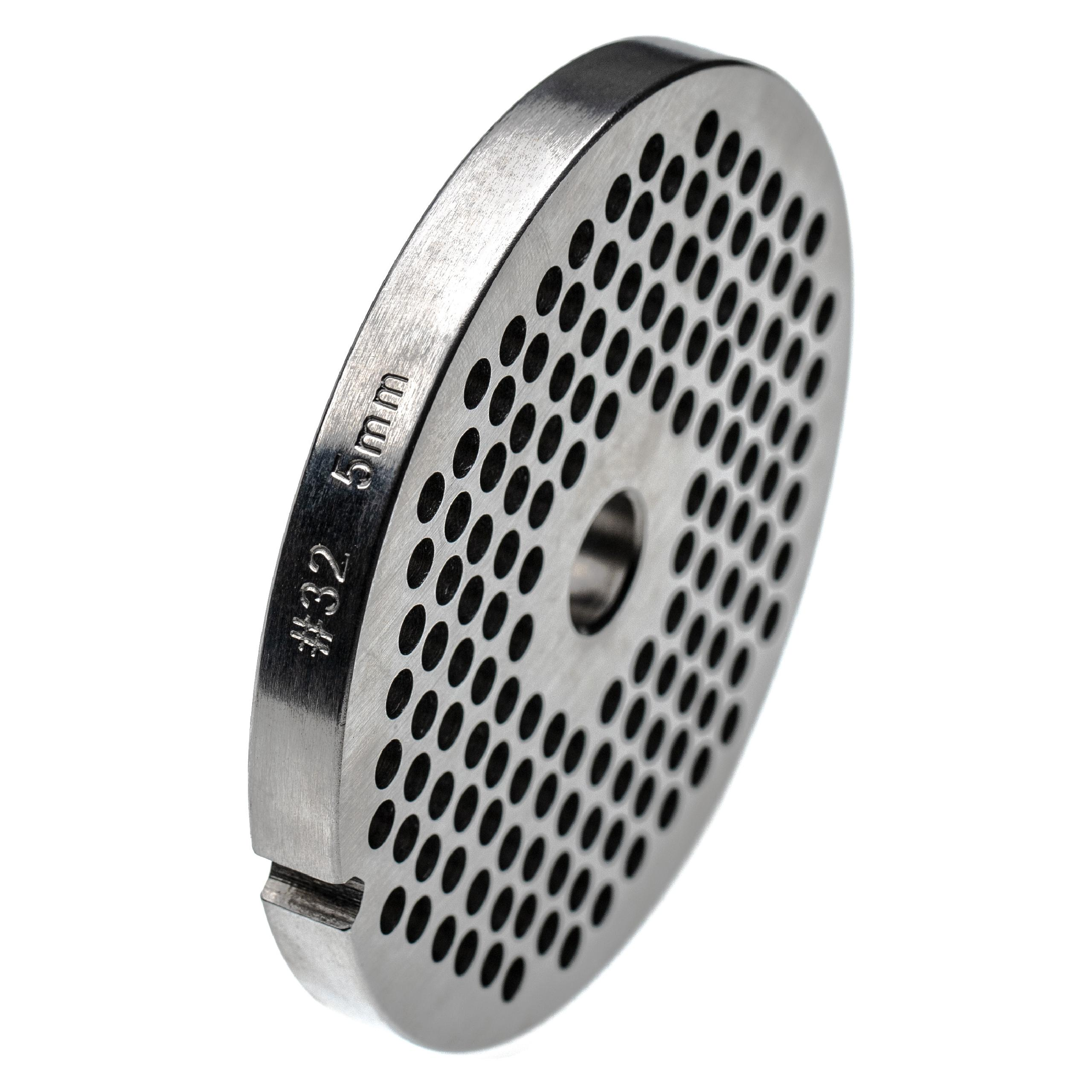 Eine Metall-Fleischwolfplatte mit vielen kleinen Löchern. Es hat den Text '#32 5mm'.