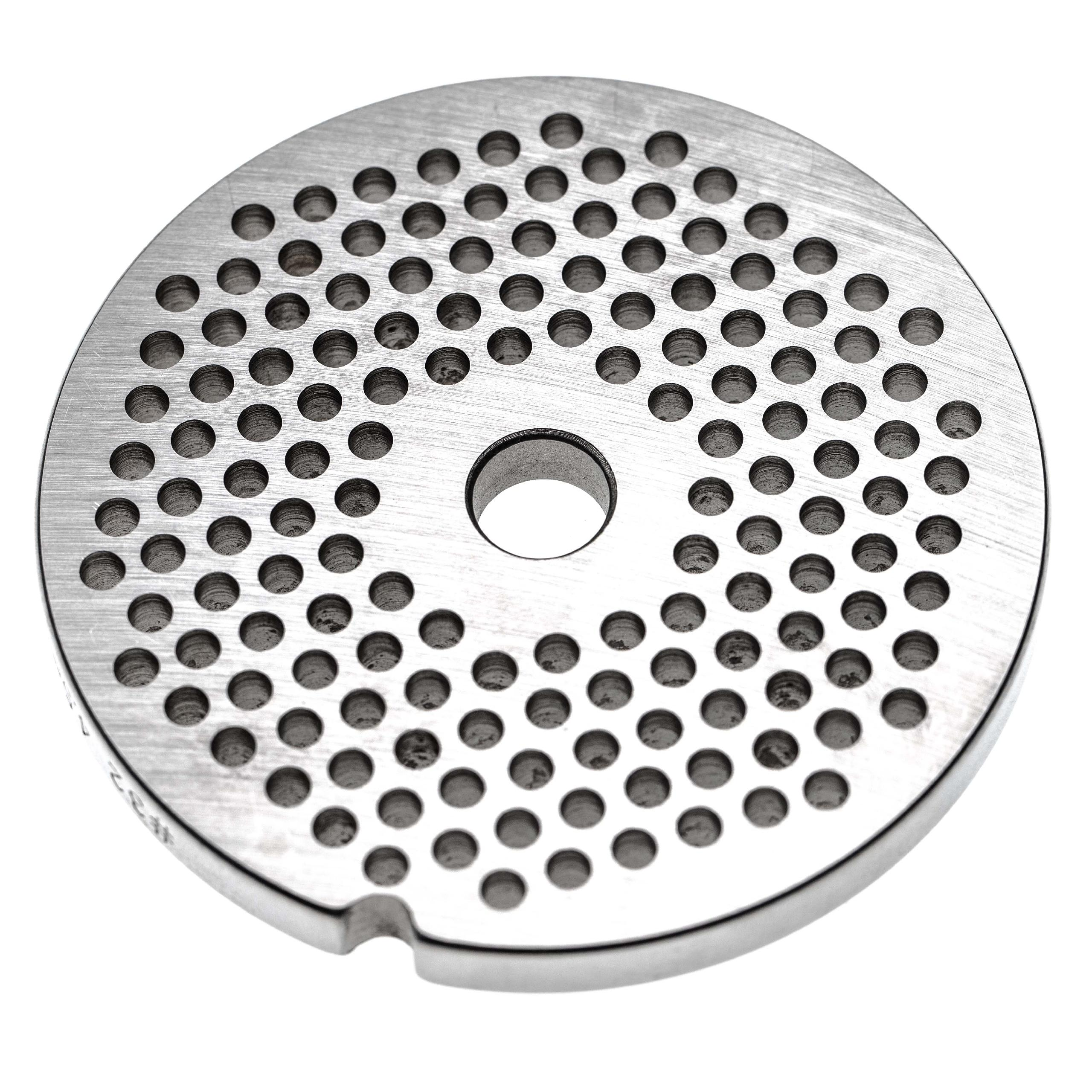 Eine kreisförmige Metall-Lebensmittelzerkleinererplatte mit vielen Löchern und einem Mittelloch auf weißem Grund.