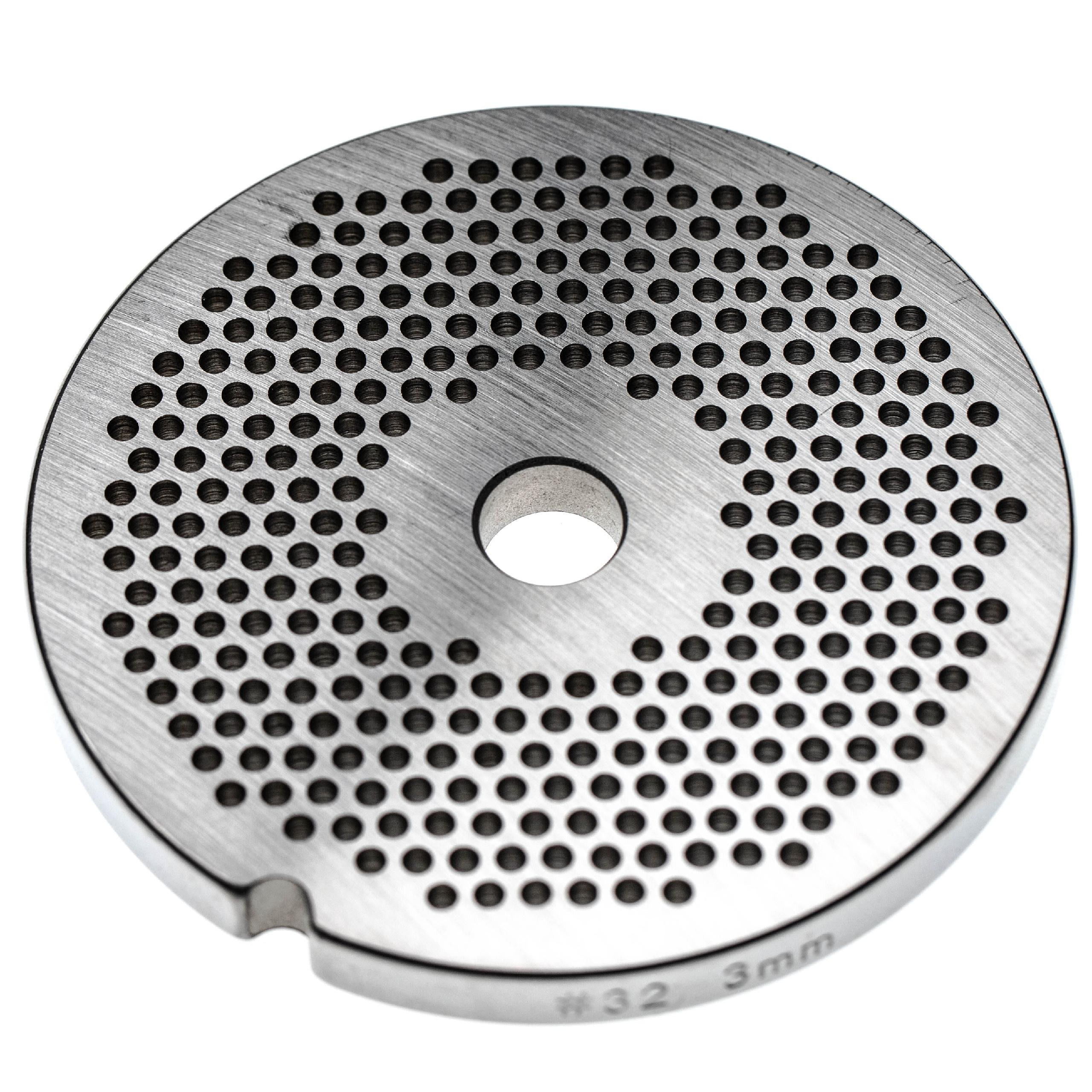 Eine Metall-Fleischwolfplatte mit vielen Löchern. Sie hat ein zentrales Loch und ist mit #32, 3mm beschriftet.