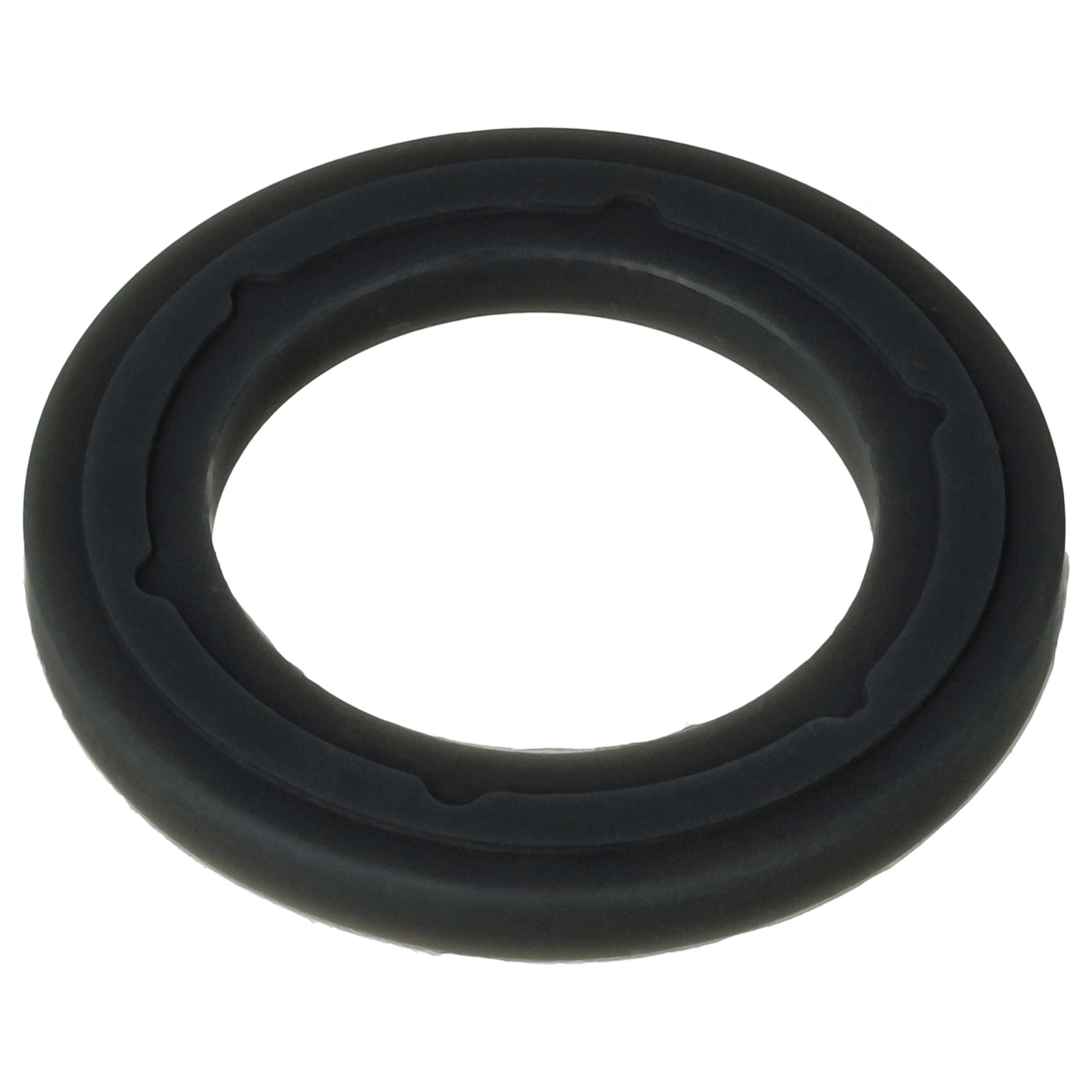 Eine schwarze, kreisförmige Gummidichtung mit einem ovalen Loch in der Mitte. Die Dichtung hat ein geriffeltes Design.