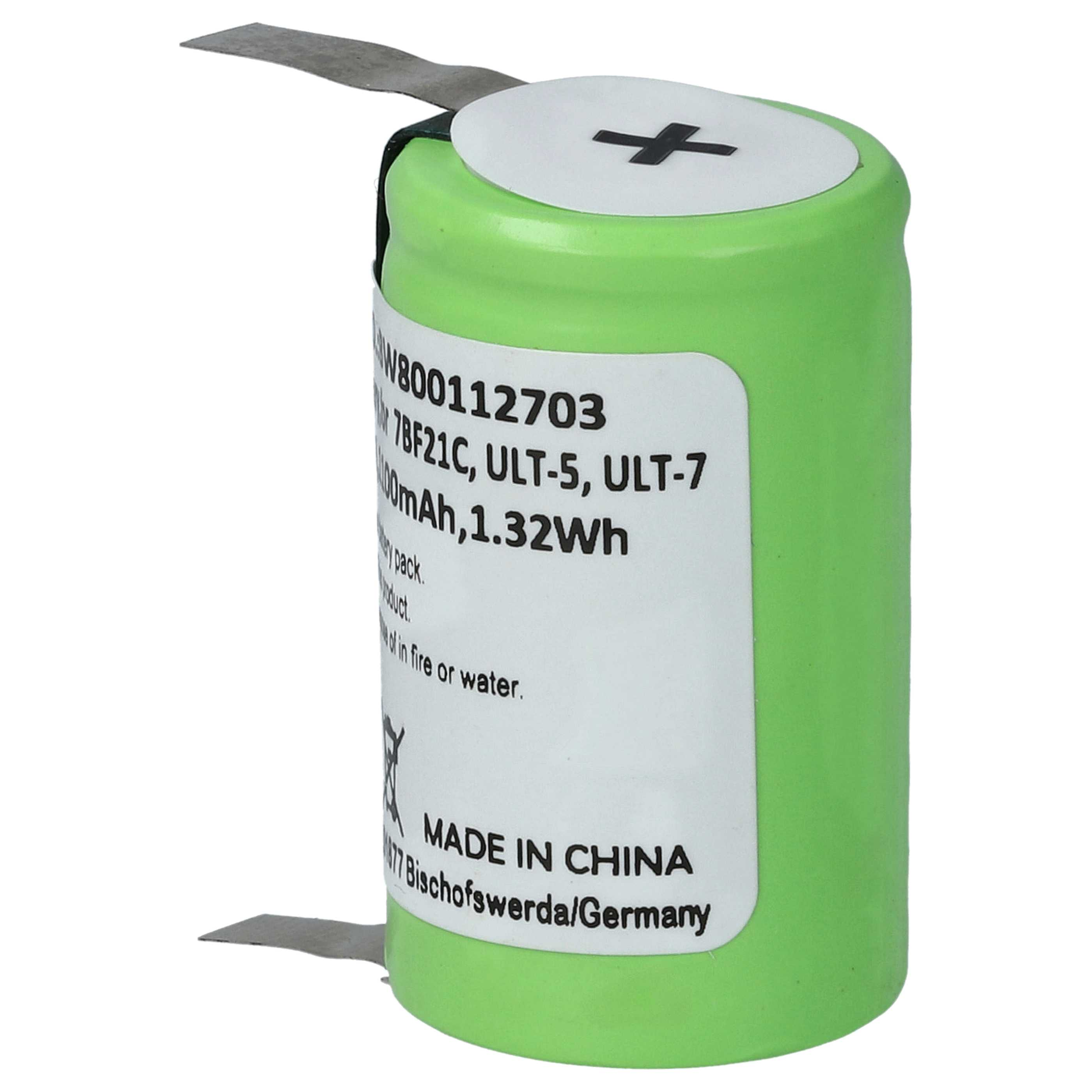 Eine grüne Batterie mit weißem Etikett, Metalllasche und weißer Oberseite mit Pluszeichen.