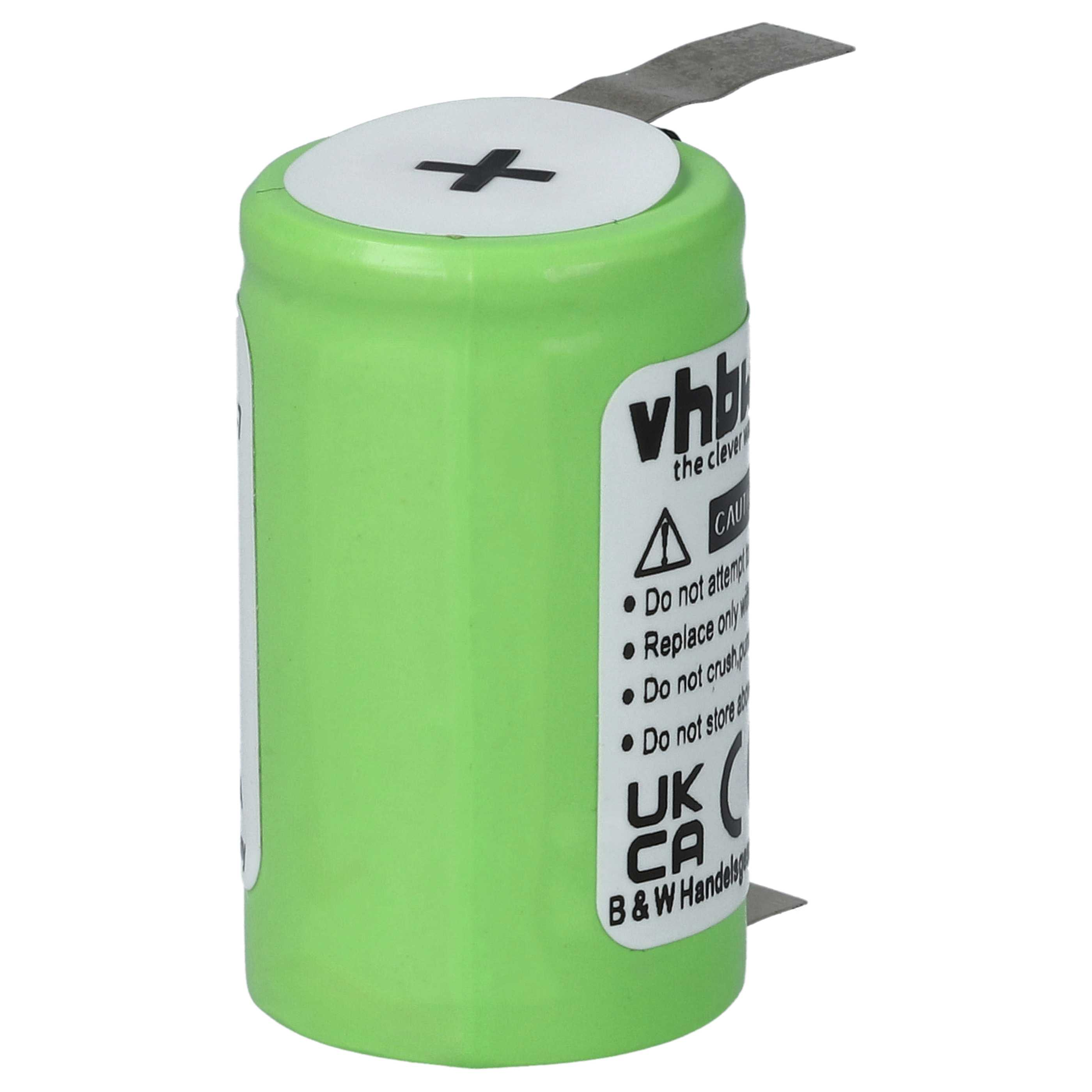 Eine grüne Batterie mit weißem Deckel und schwarzem Pluszeichen. Auf der Seite stehen Sicherheitshinweise.
