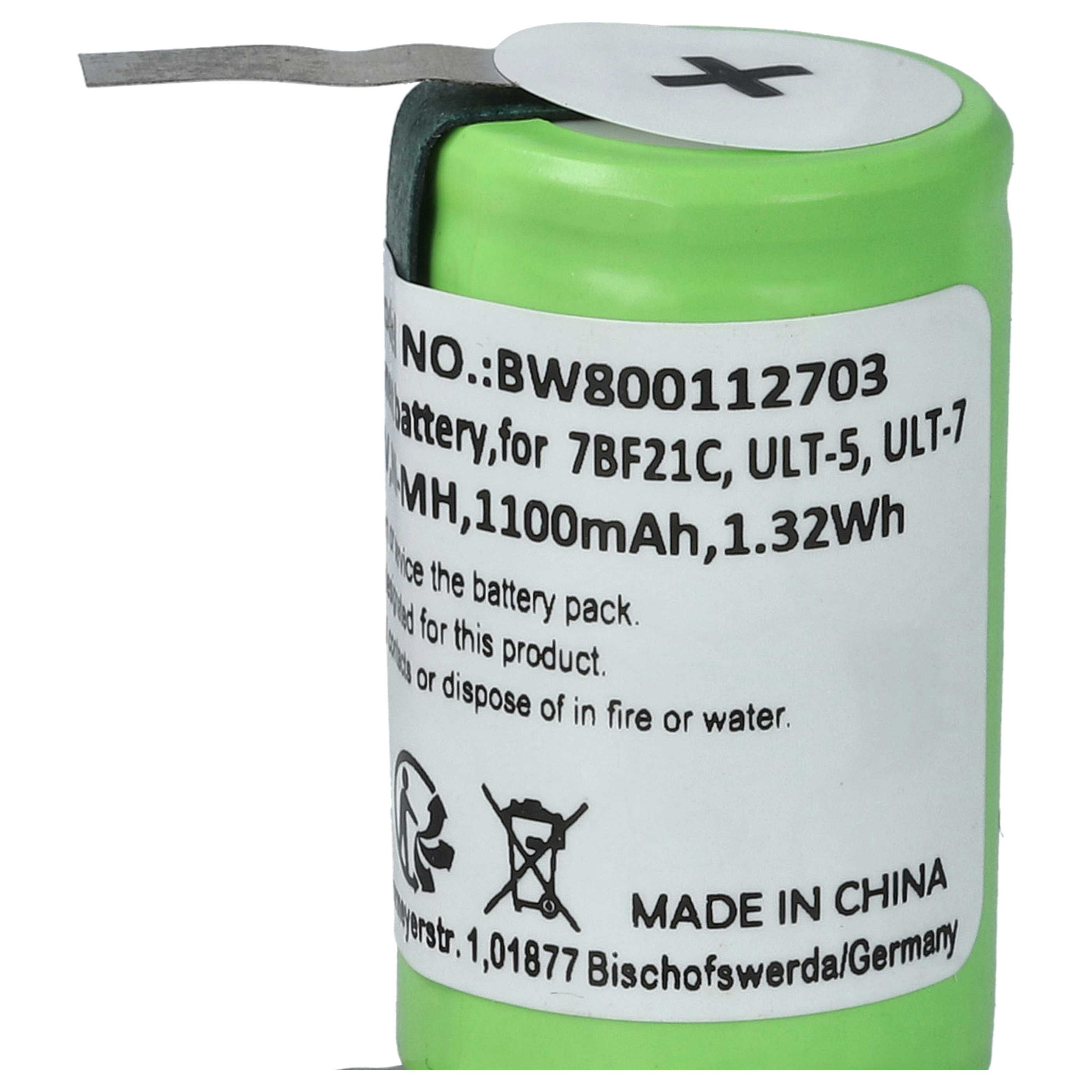 Eine grüne Batterie mit weißem Etikett. Es hat Text, eine Metallzunge und einen weißen Aufkleber mit Plus-Symbol.