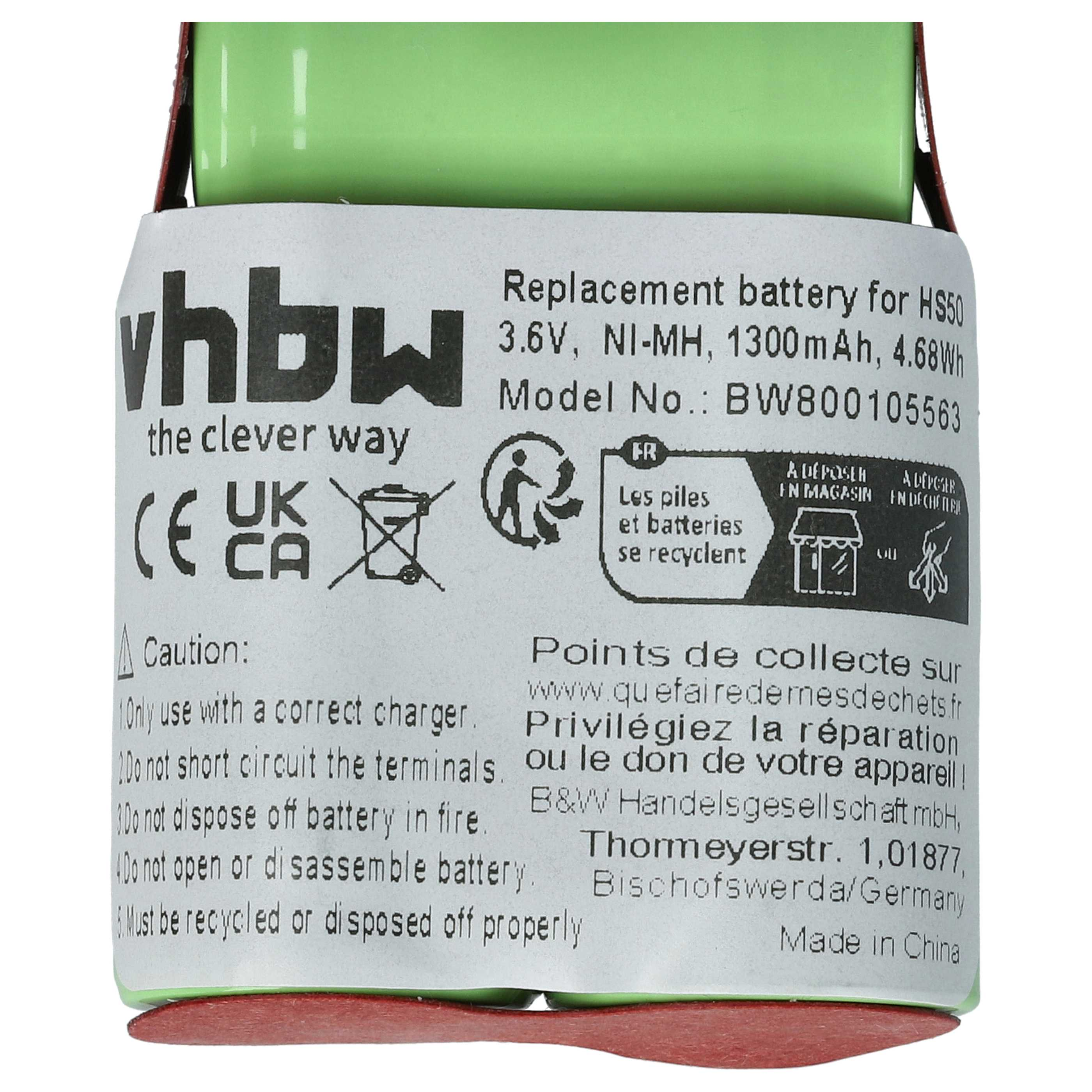 Eine grüne Batterie mit weißem Etikett. Text enthält 'Ersatzbatterie', '3,6V' und Recyclingsymbole.