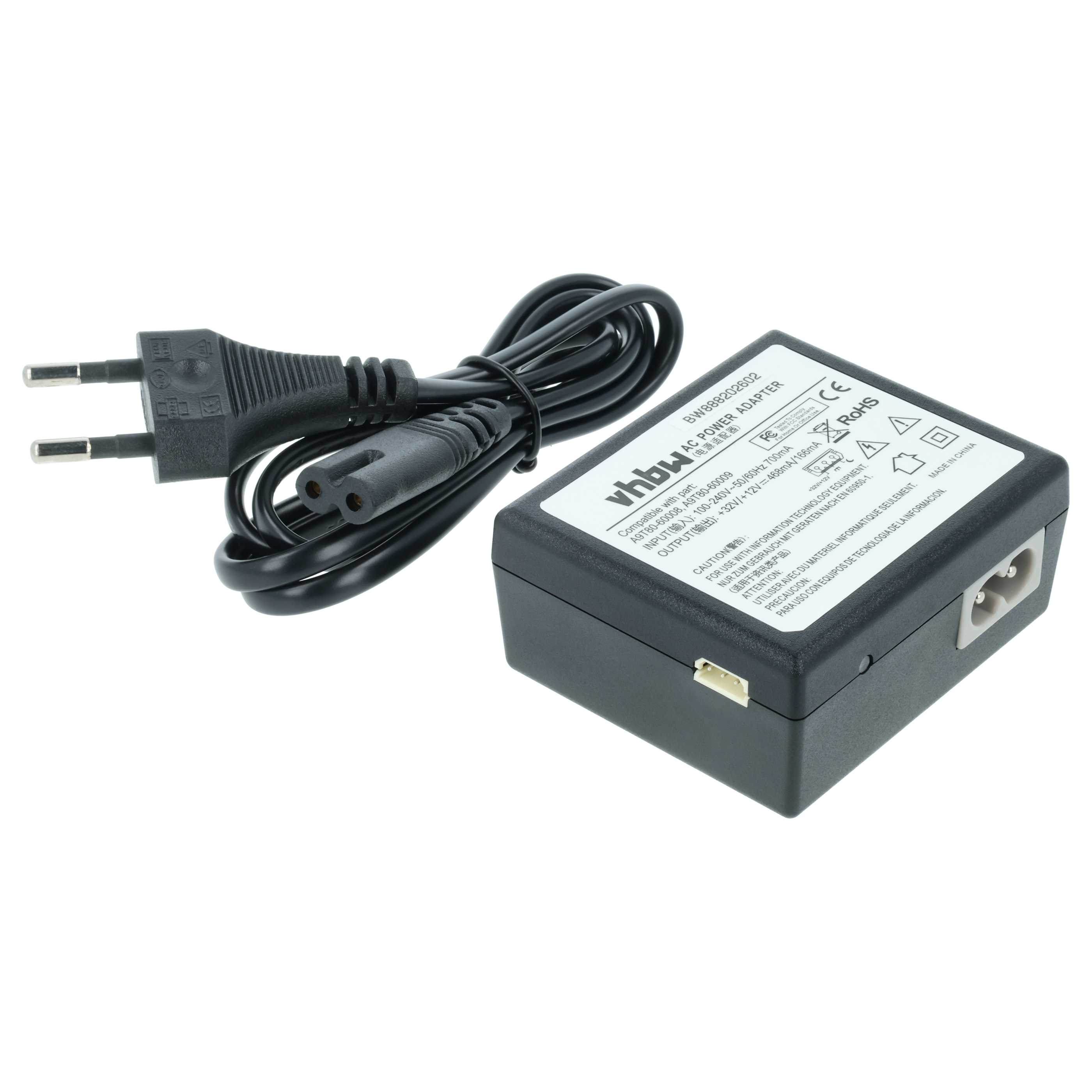 Ein AC-Netzteil mit schwarzem Stecker, Kabel und schwarzer Netzteilbox auf weißem Hintergrund.