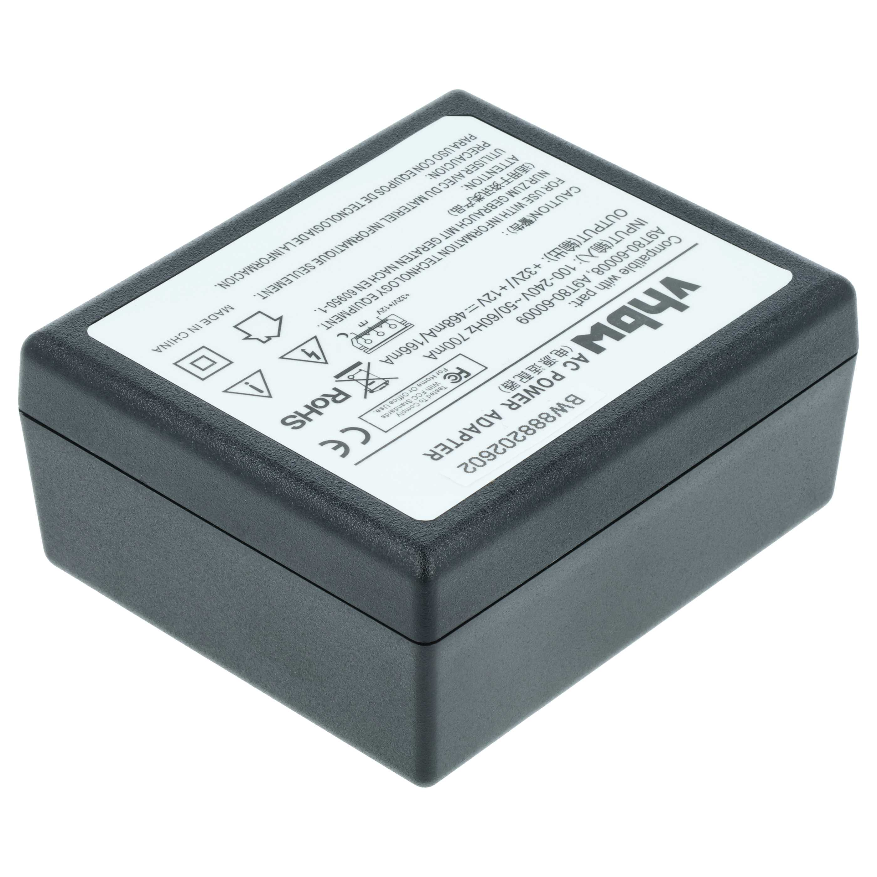 Ein schwarzer AC-Netzadapter mit weißem Etikett, Text und Symbolen. Der Hintergrund ist weiß.
