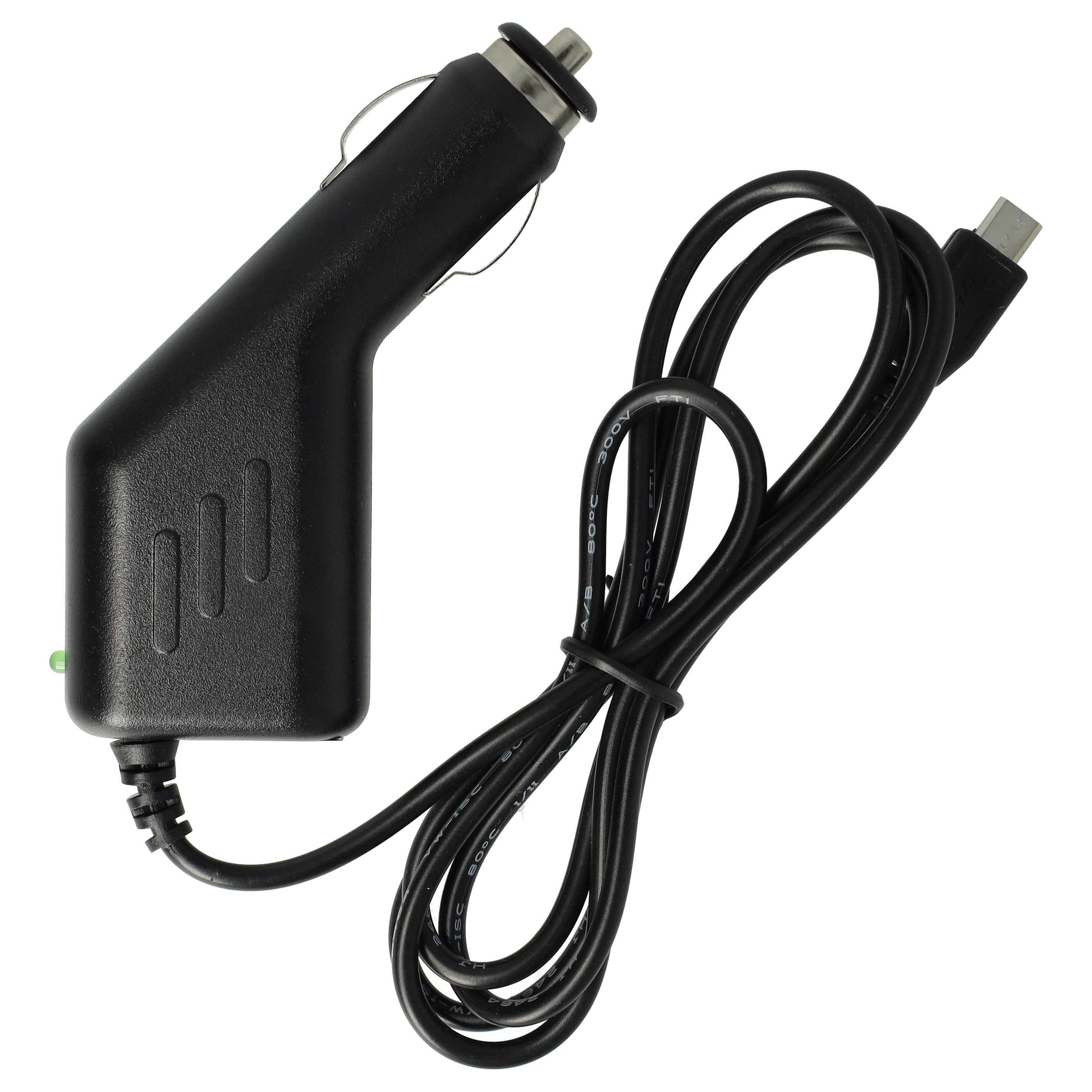 Ein schwarzes Autoladegerät mit USB-C-Kabel. Das Ladegerät hat ein grünes Licht. Weißer Hintergrund.