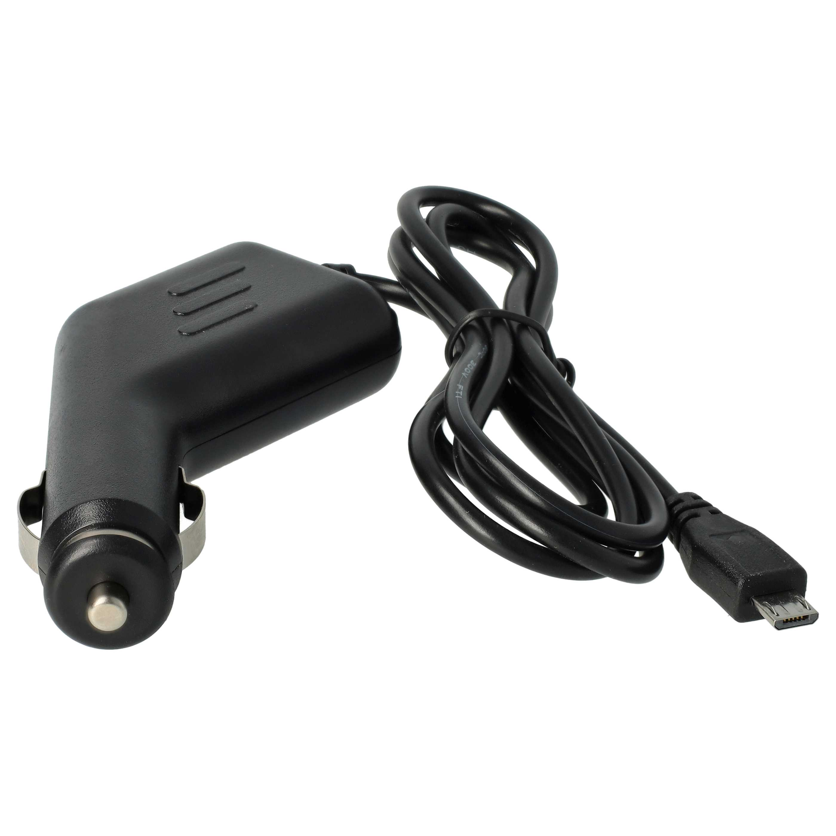 Ein schwarzes Autoladegerät mit USB-Kabel liegt auf einer weißen Oberfläche. Das Kabel ist aufgerollt.