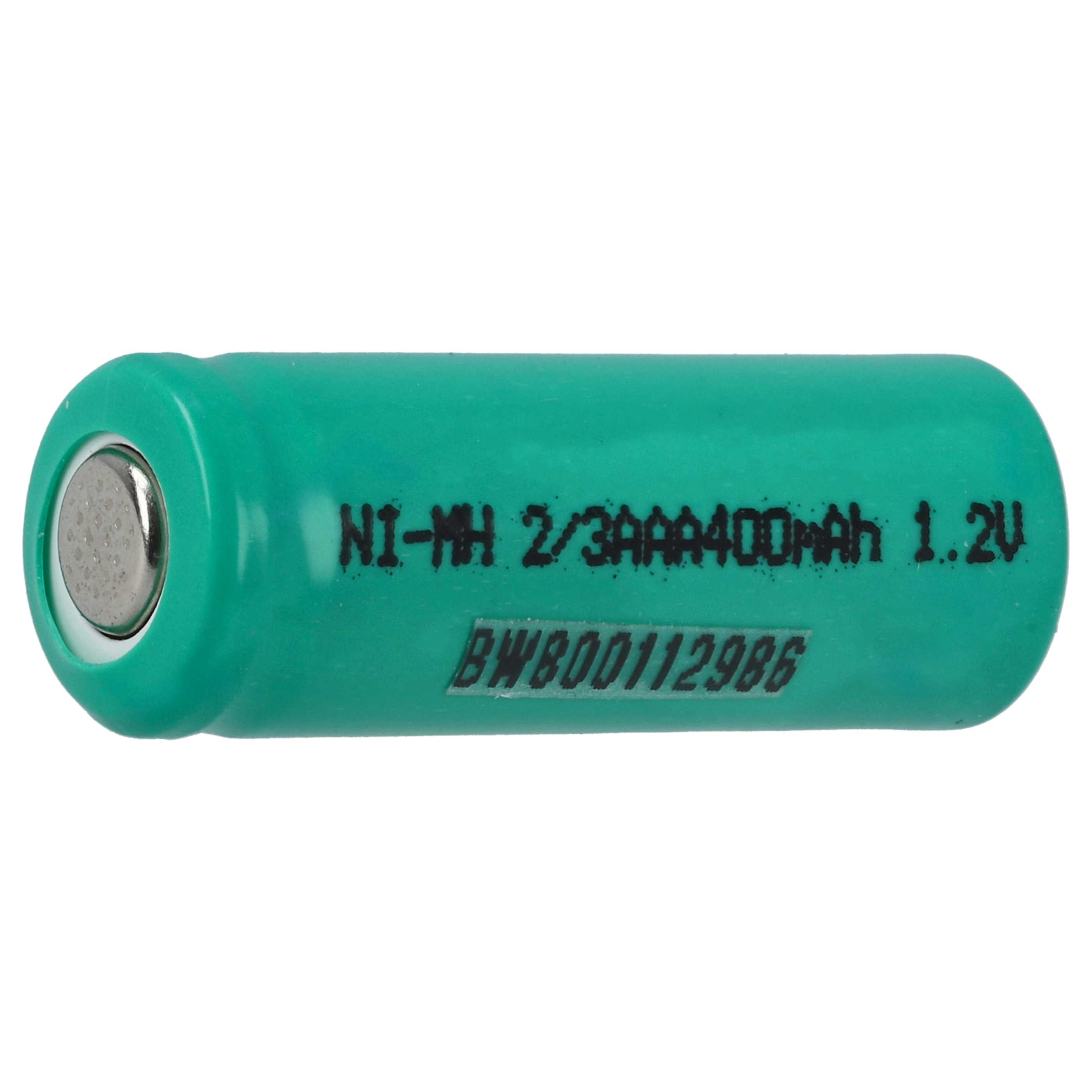 Eine grüne zylindrische Batterie. Es hat Text, der anzeigt, dass es sich um Ni-MH 2/3AAA 400mAh 1,2V handelt. Die Nummer BW800112986 ist ebenfalls sichtbar.