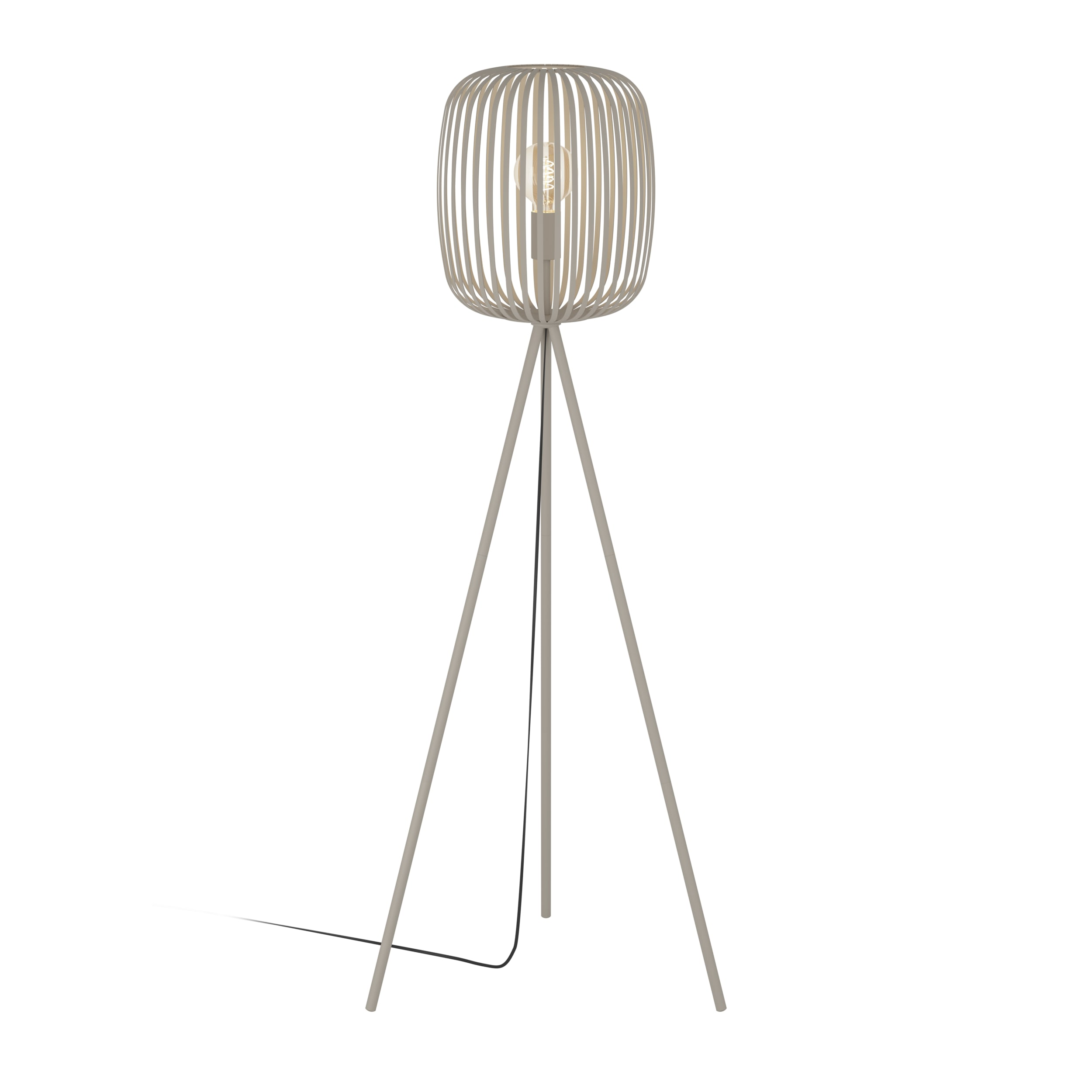 Een beige vloerlamp met een kooivormige lampenkap, een zichtbare gloeilamp en drie poten, op een witte achtergrond.