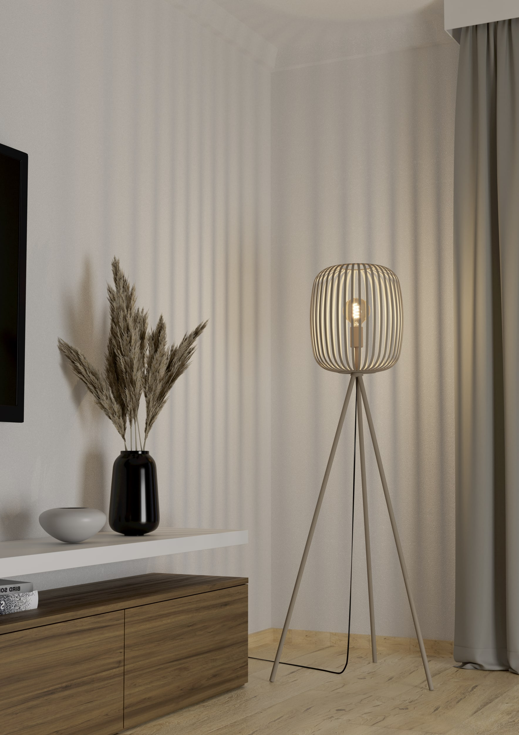 Interieurscène met staande lamp, vaas met gedroogde bloemen en tv. Inclusief een kast, een muur en een gordijn.